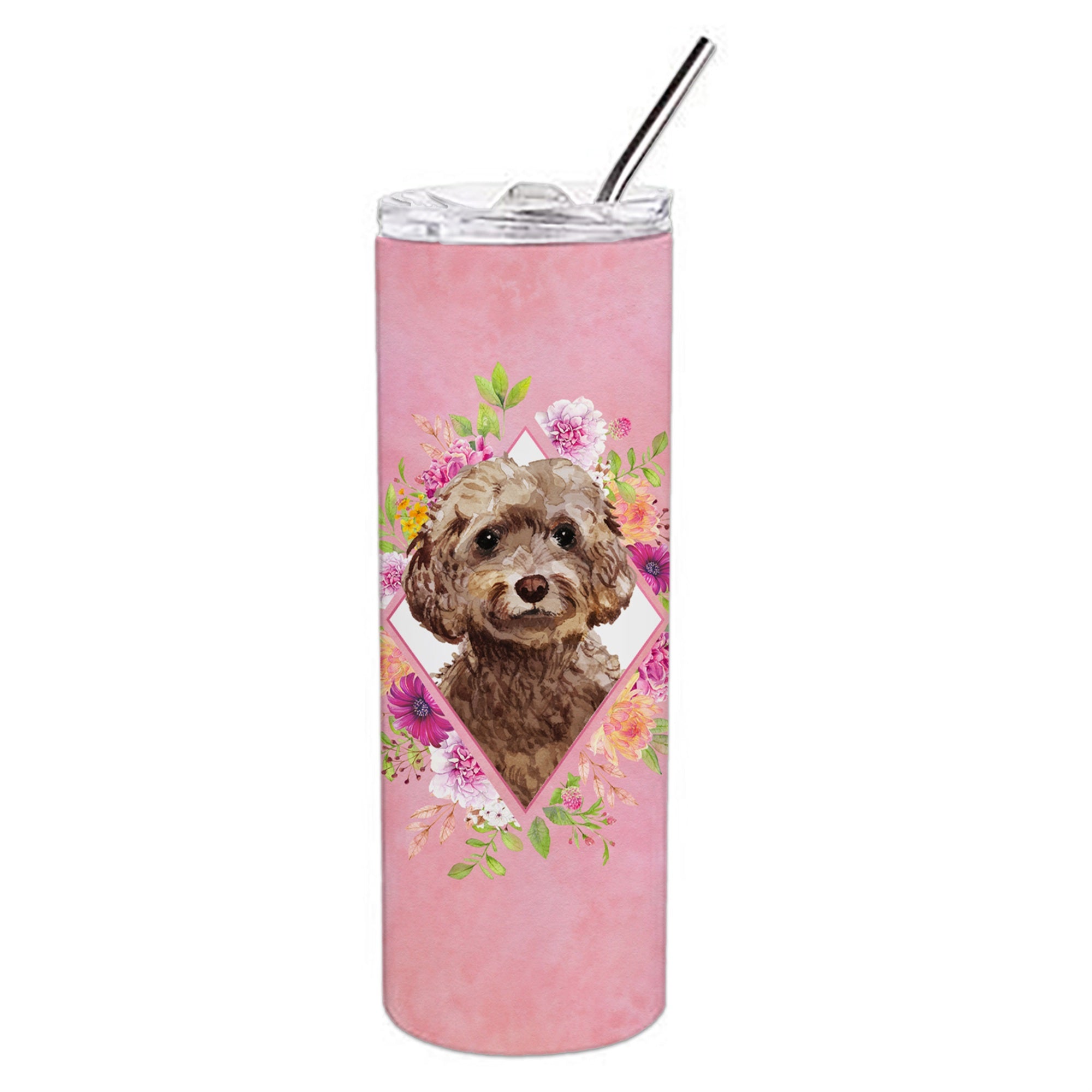 'Caroline'S Treasures Chocolate Cockapoo Pink Flowers Double Walled Stainless Steel 20 Oz Skinny Travel-Insulated-Tumblers, Mul