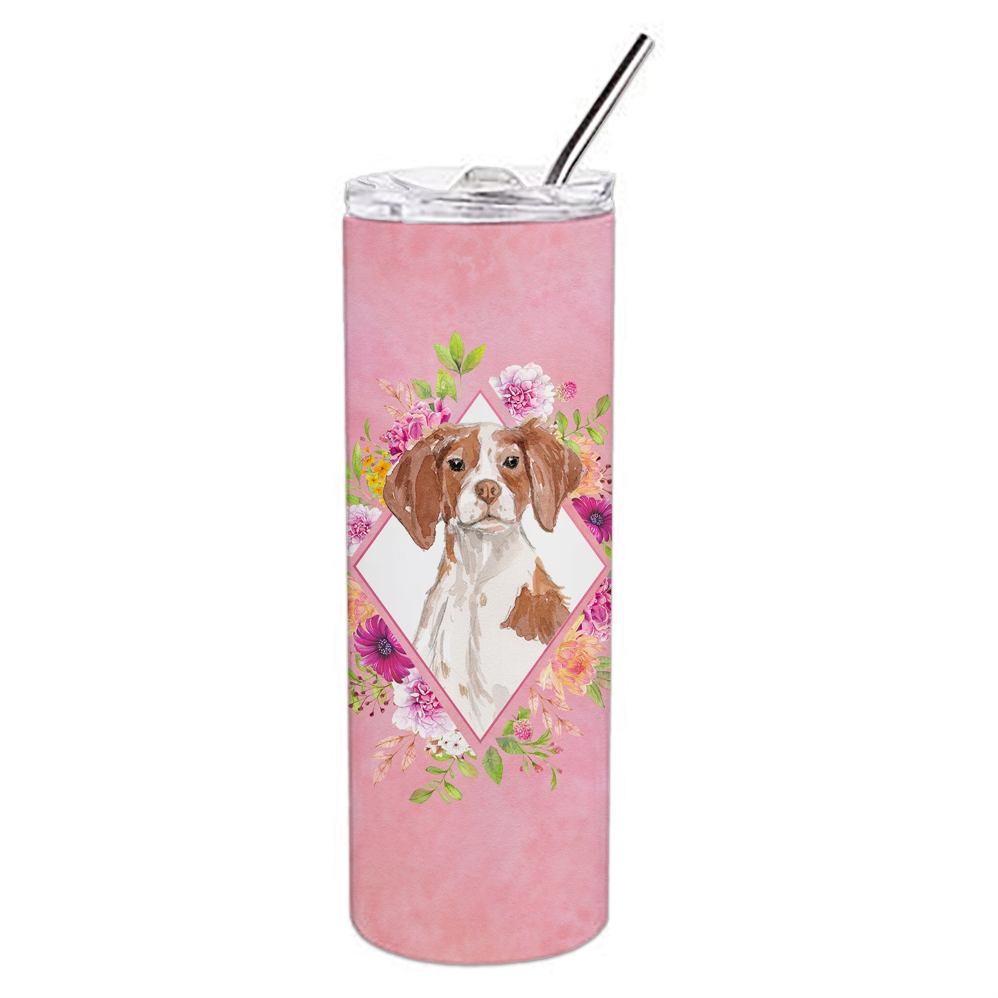 'Caroline'S Treasures Brittany Spaniel Pink Flowers Double Walled Stainless Steel 20 Oz Skinny Travel-Insulated-Tumblers, Multi