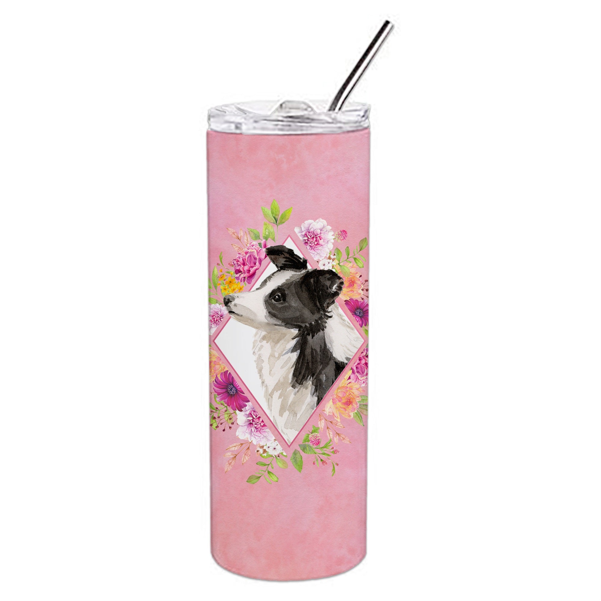 'Caroline'S Treasures Border Collie Pink Flowers Double Walled Stainless Steel 20 Oz Skinny Travel-Insulated-Tumblers, Multicol