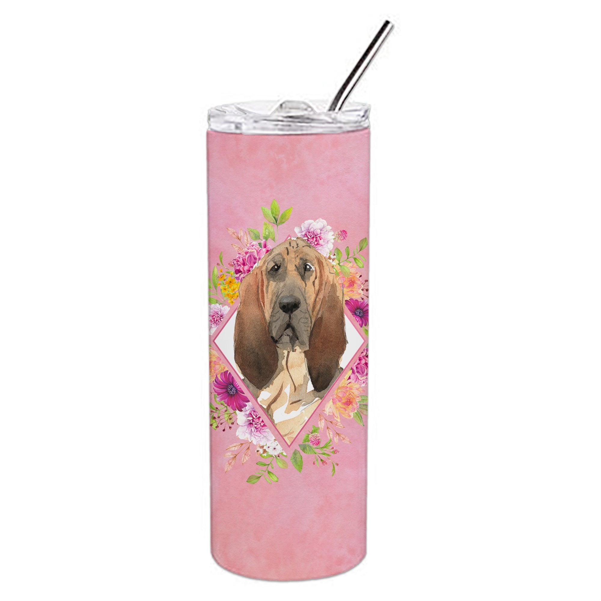 'Caroline'S Treasures Bloodhound Pink Flowers Double Walled Stainless Steel 20 Oz Skinny Travel-Insulated-Tumblers, Multicolor'