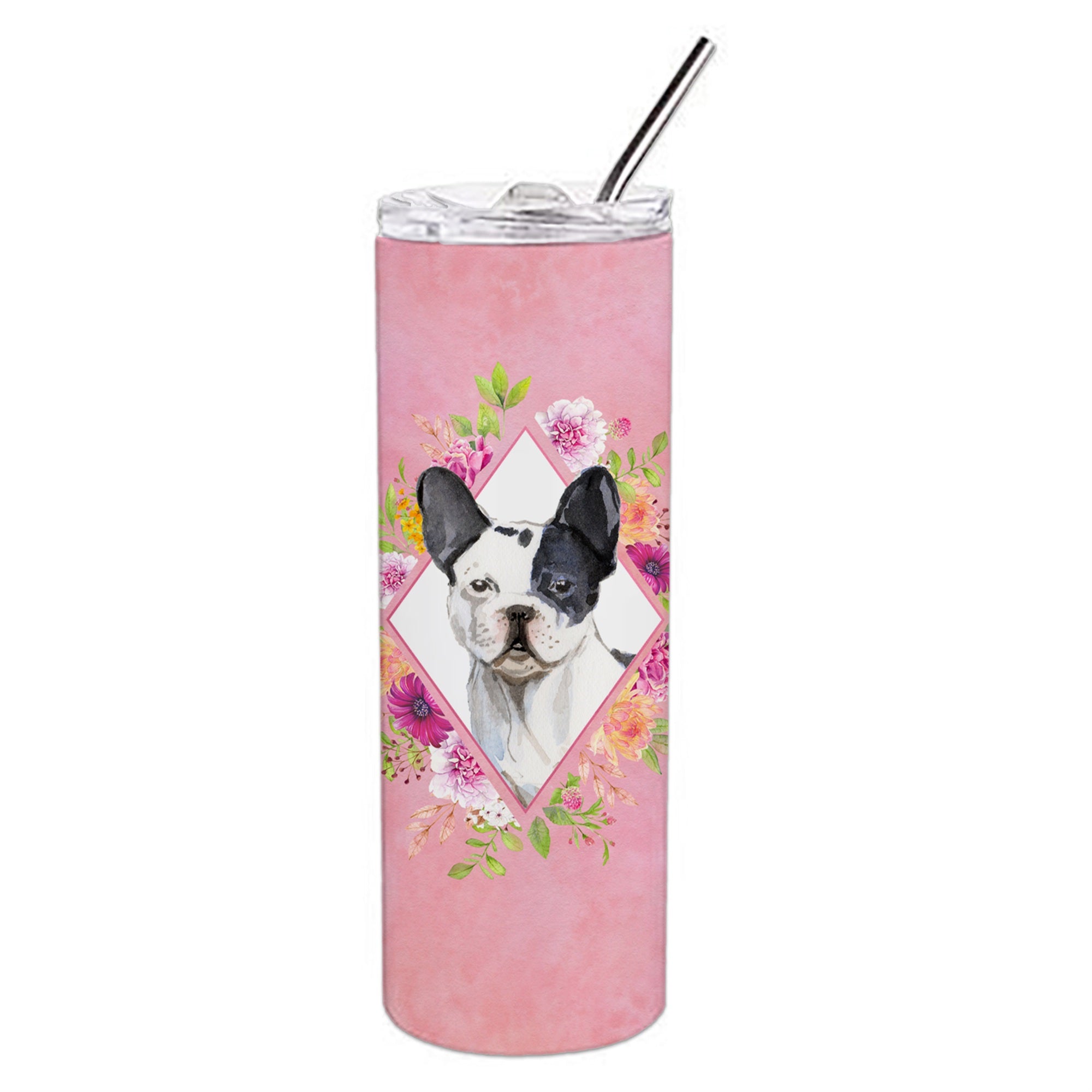 'Caroline'S Treasures Black And White Frenchie Pink Flowers Stainless Steel 20 Oz Skinny Travel-Insulated-Tumblers, Multicolor'