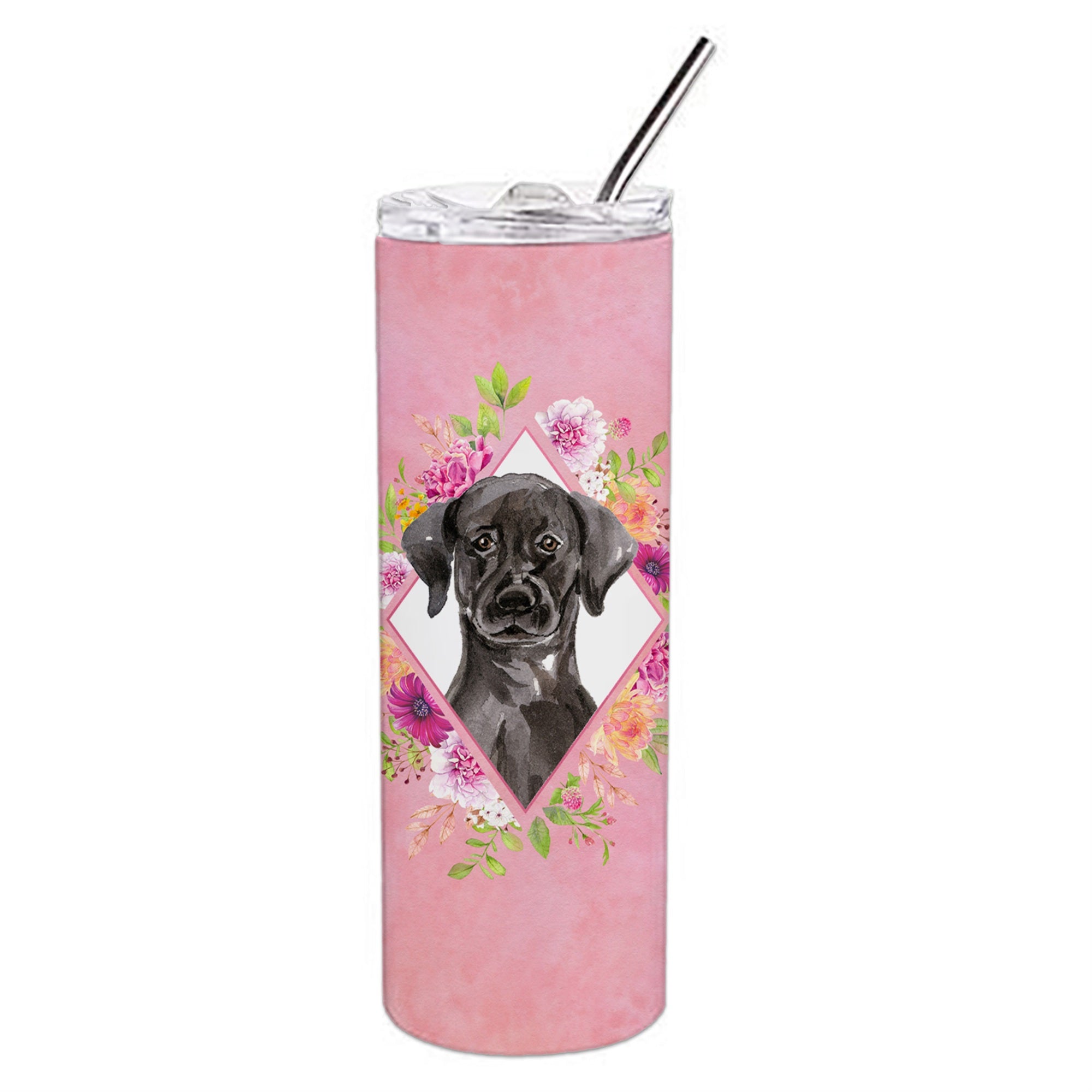 'Caroline'S Treasures Black Labrador Pink Flowers Double Walled Stainless Steel 20 Oz Skinny Travel-Insulated-Tumblers, Multico