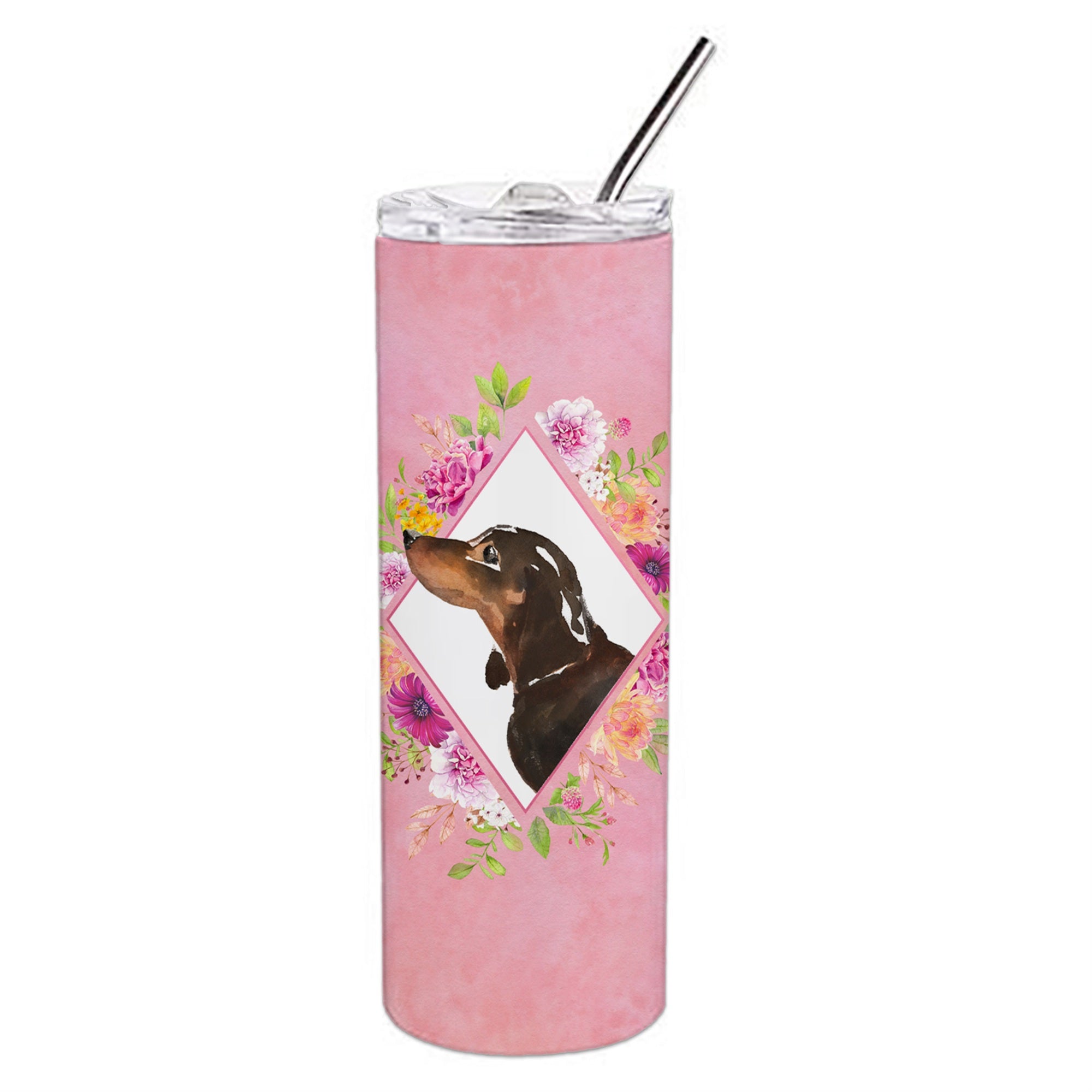 'Caroline'S Treasures Black And Tan Dachshund Pink Flowers Stainless Steel 20 Oz Skinny Travel-Insulated-Tumblers, Multicolor''