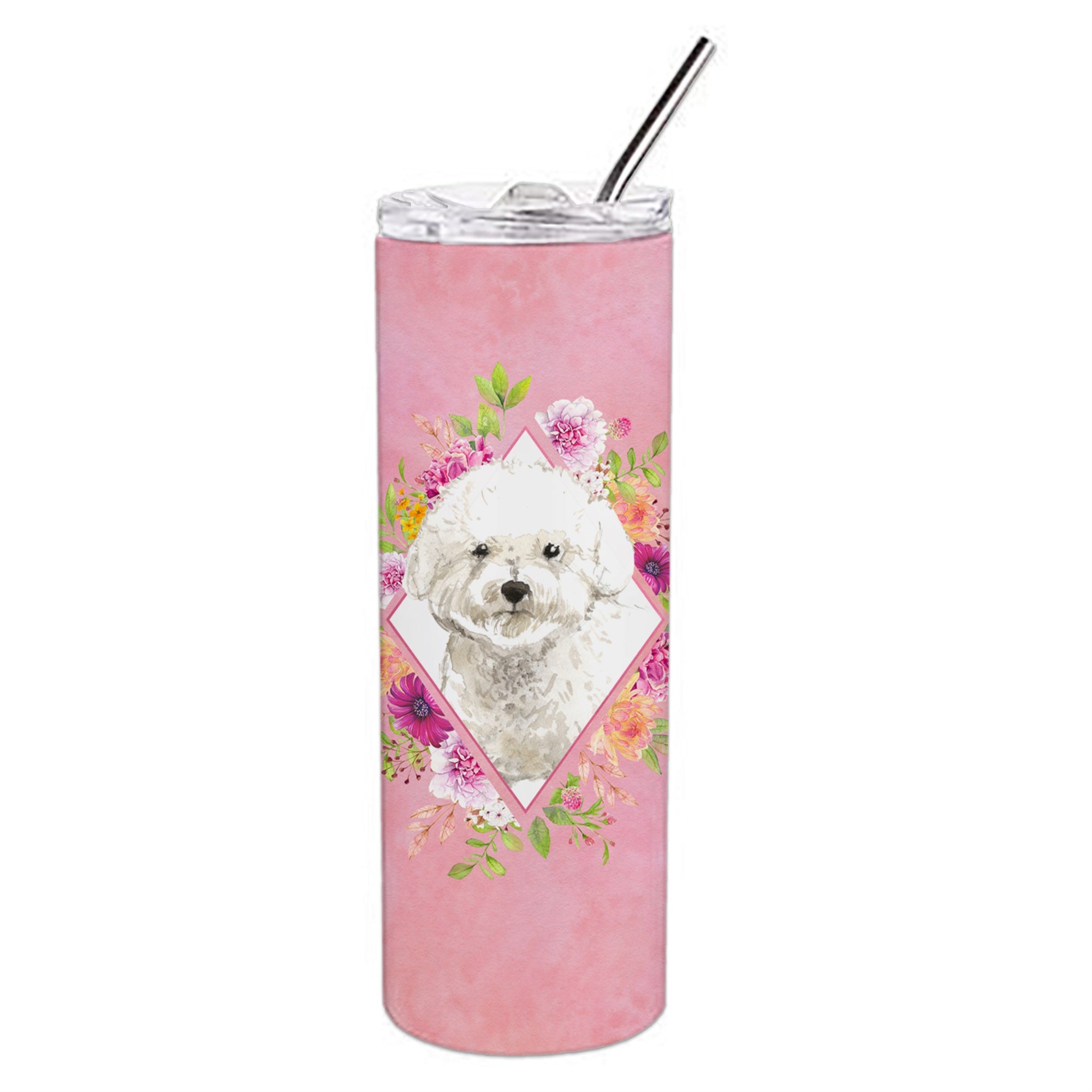 'Caroline'S Treasures Bichon Frise Pink Flowers Double Walled Stainless Steel 20 Oz Skinny Travel-Insulated-Tumblers, Multicolo