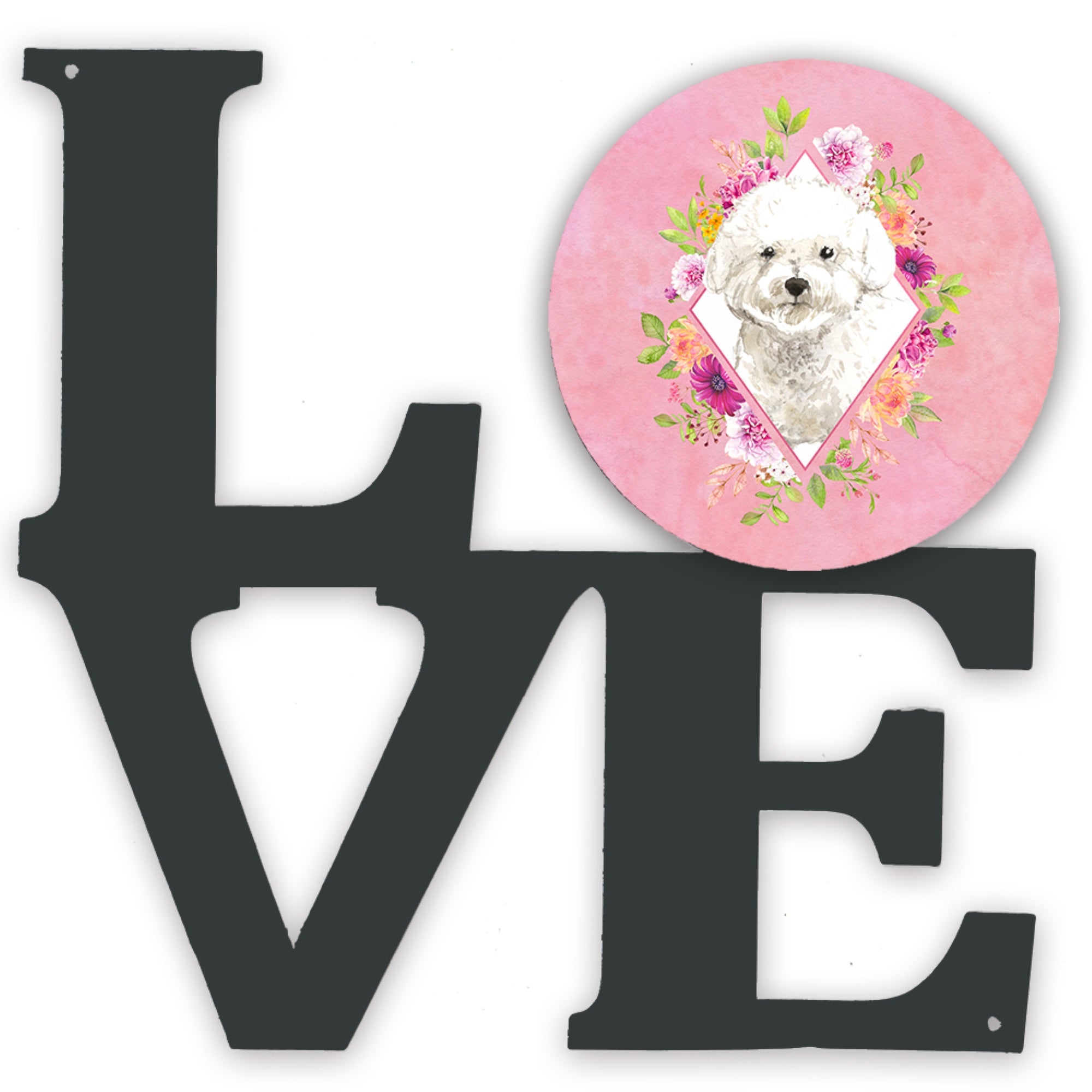 'Caroline'S Treasures Bichon Frise Pink Flowers Metal Artwork Love Wall-Decor, Multicolor''