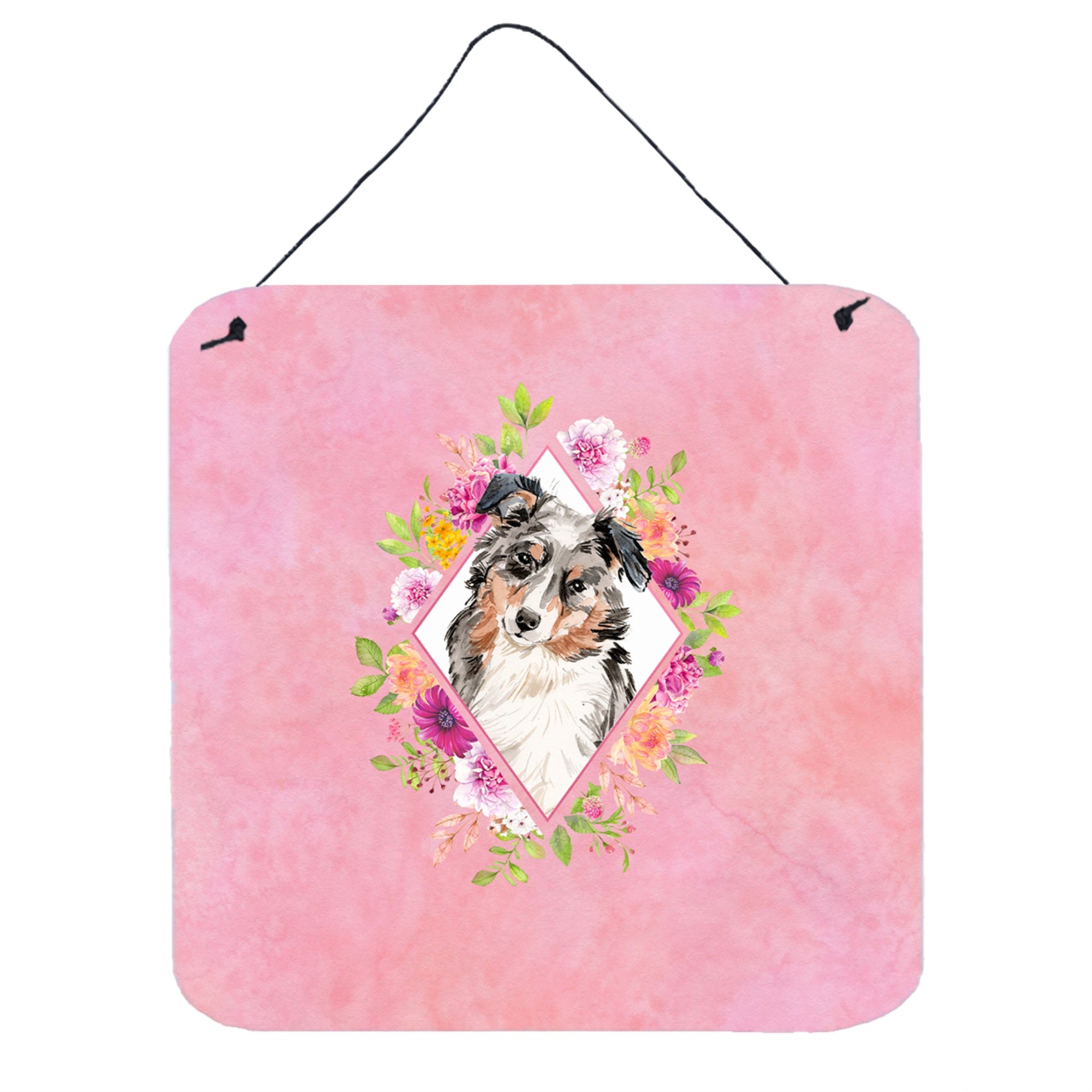 'Caroline'S Treasures Australian Shepherd Pink Flowers Door Hanging Prints Wall-Decor, Multicolor''