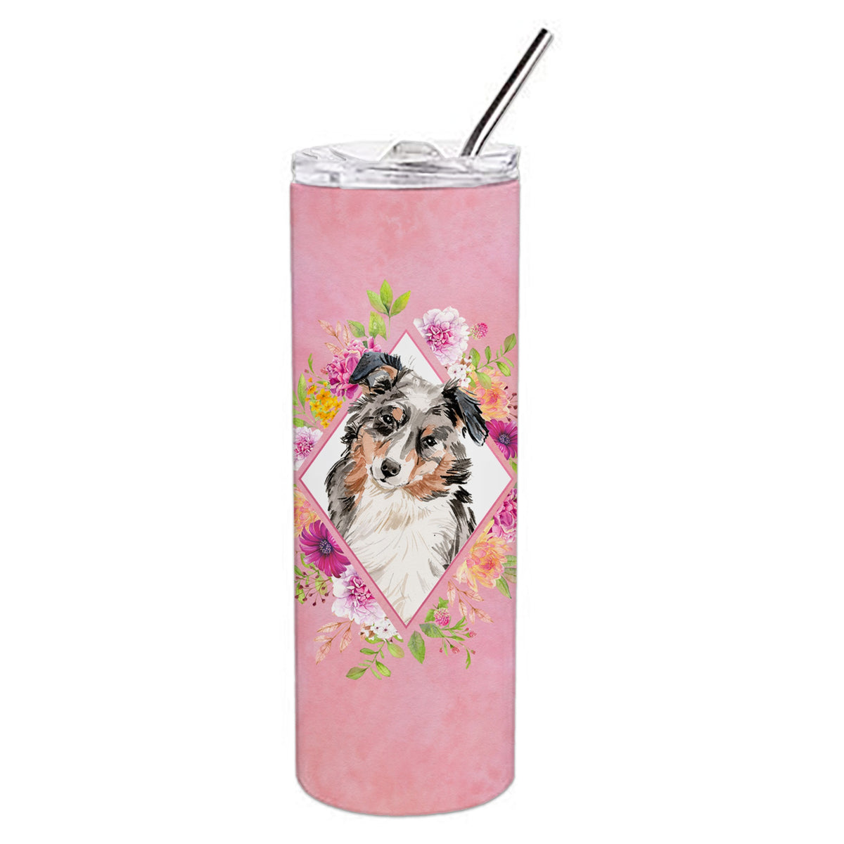 'Caroline'S Treasures Australian Shepherd Pink Flowers Double Walled Stainless Steel 20 Oz Skinny Travel-Insulated-Tumblers, Mu