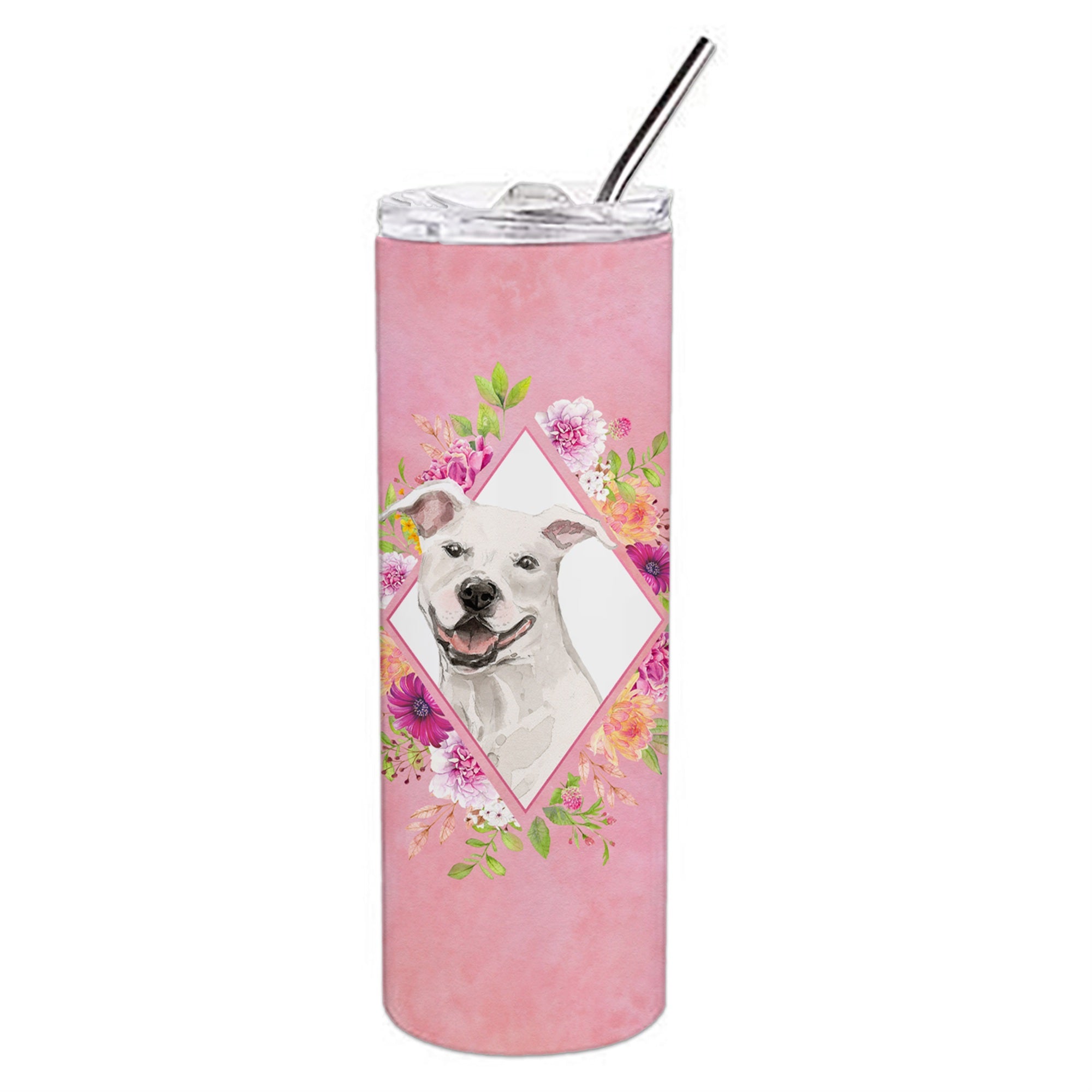 'Caroline'S Treasures White Pit Bull Terrier Pink Flowers Stainless Steel 20 Oz Skinny Travel-Insulated-Tumblers, Multicolor''