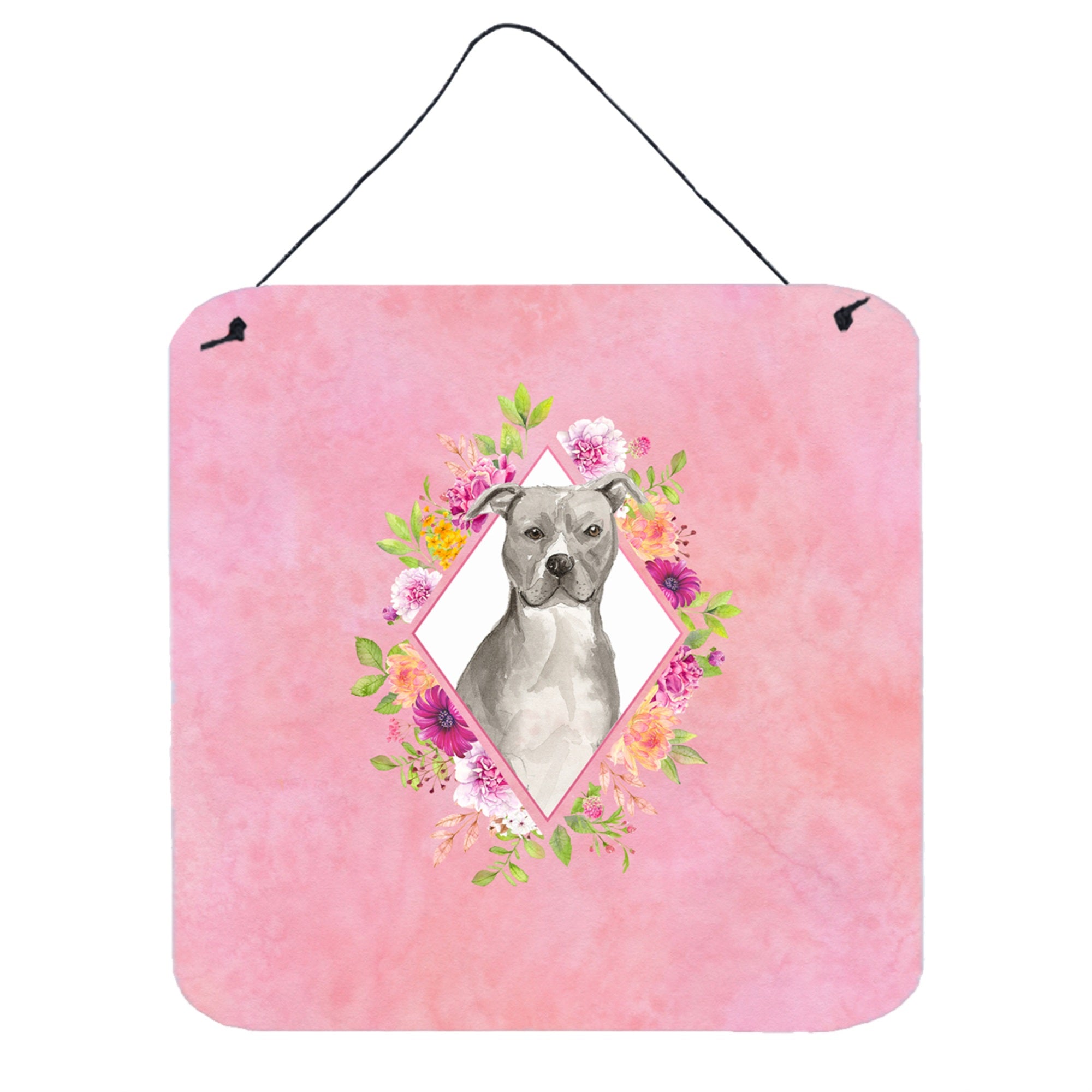 'Caroline'S Treasures Blue Pit Bull Terrier Pink Flowers Door Hanging Prints Wall-Decor, Multicolor''