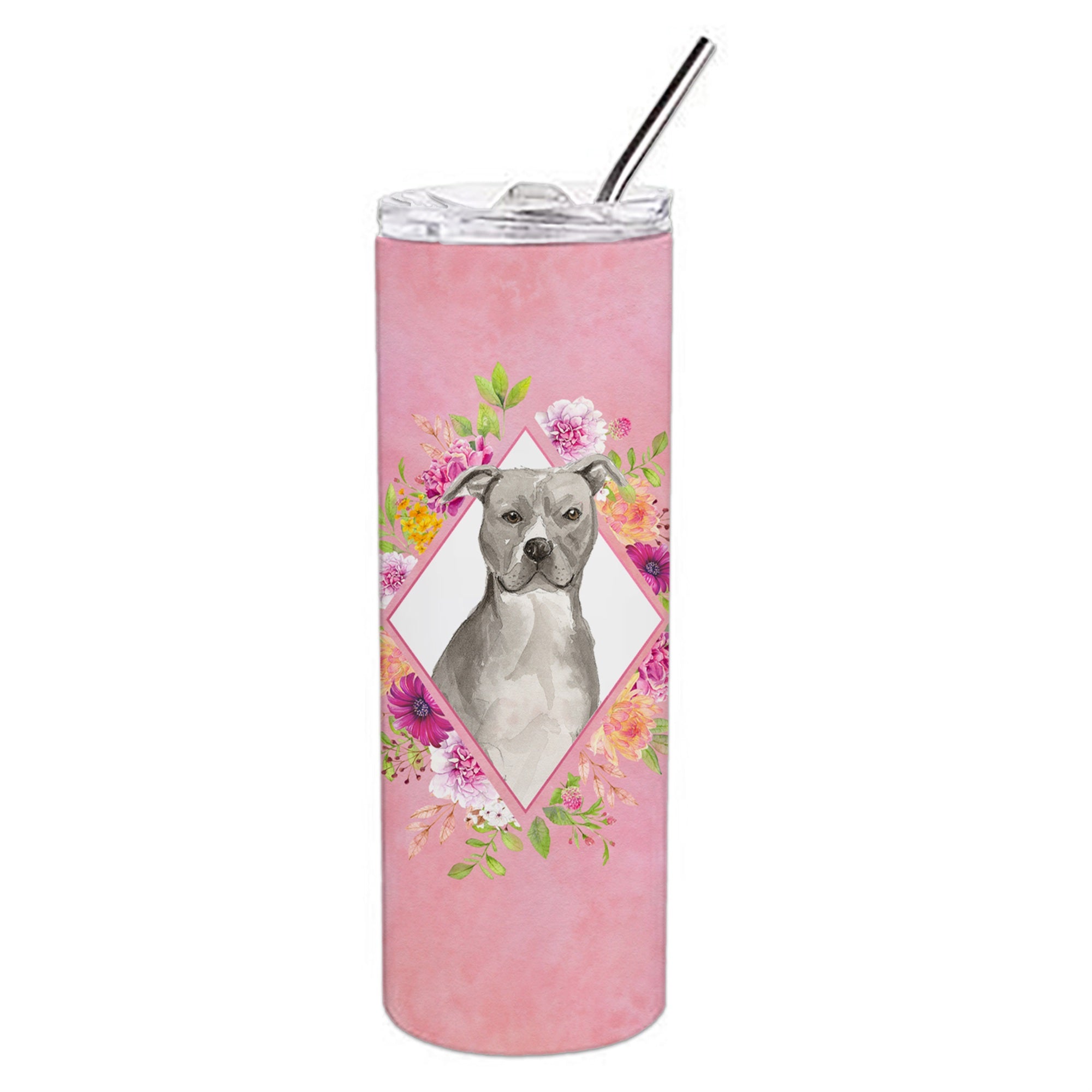 'Caroline'S Treasures Blue Pit Bull Terrier Pink Flowers Double Walled Stainless Steel 20 Oz Skinny Travel-Insulated-Tumblers,
