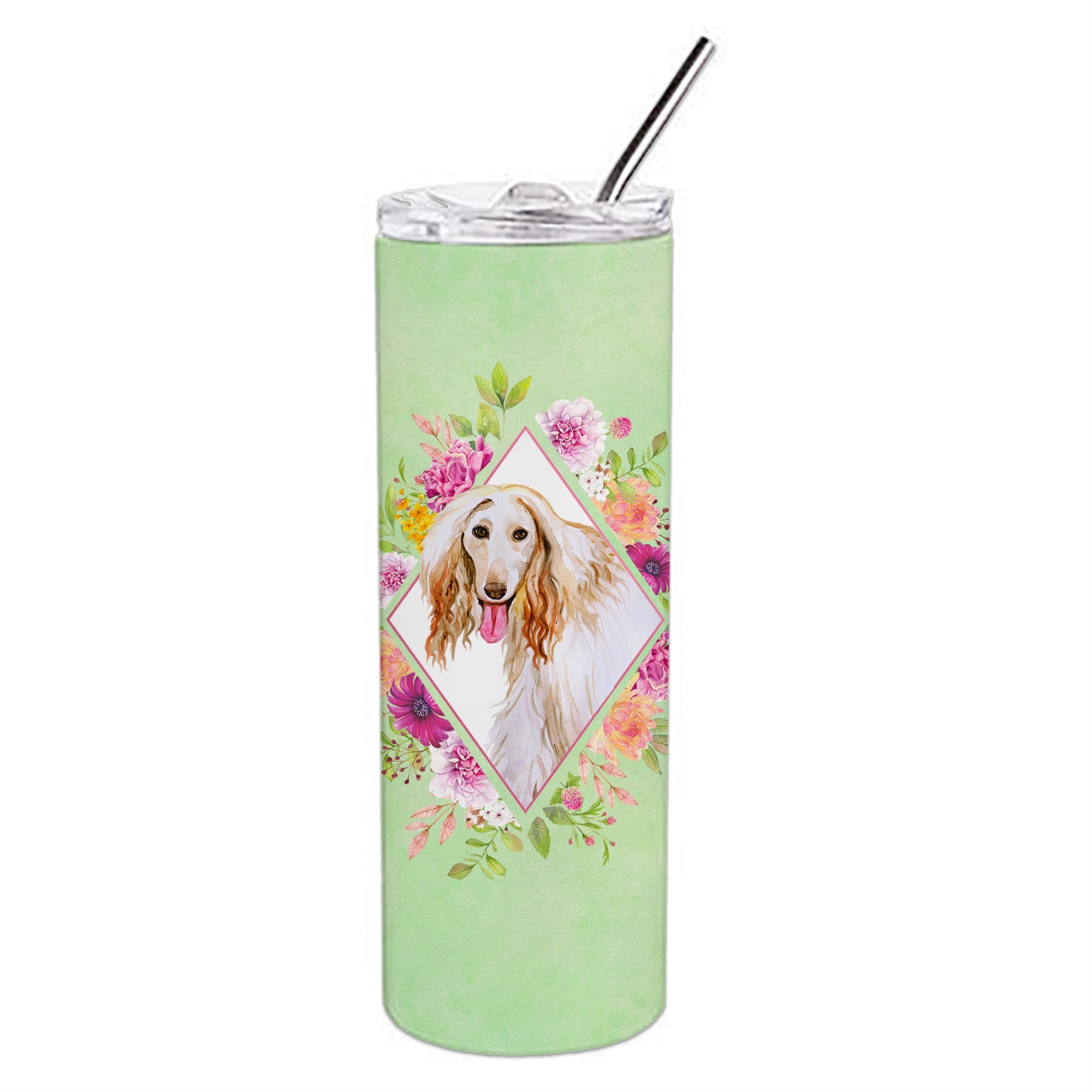'Caroline'S Treasures Afghan Hound Green Flowers Double Walled Stainless Steel 20 Oz Skinny Travel-Insulated-Tumblers, Multicol