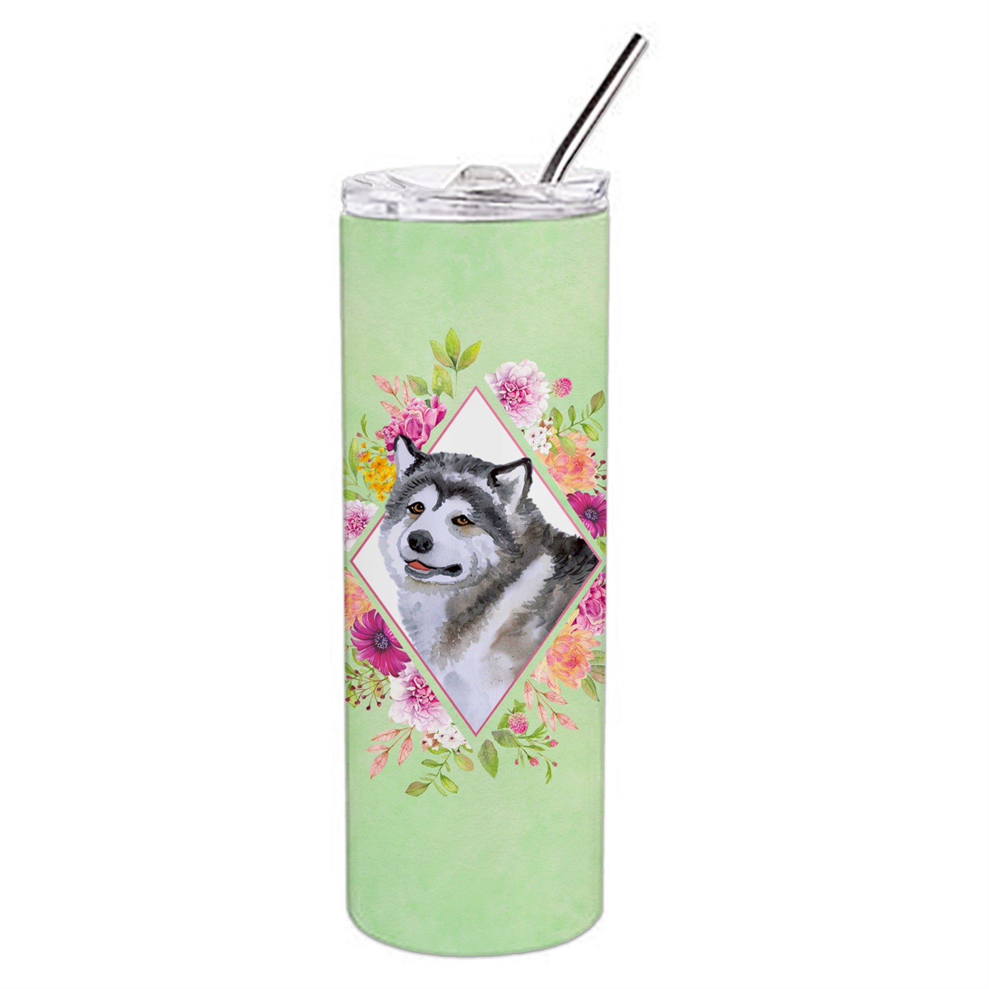 'Caroline'S Treasures Alaskan Malamute Green Flowers Double Walled Stainless Steel 20 Oz Skinny Travel-Insulated-Tumblers, Mult