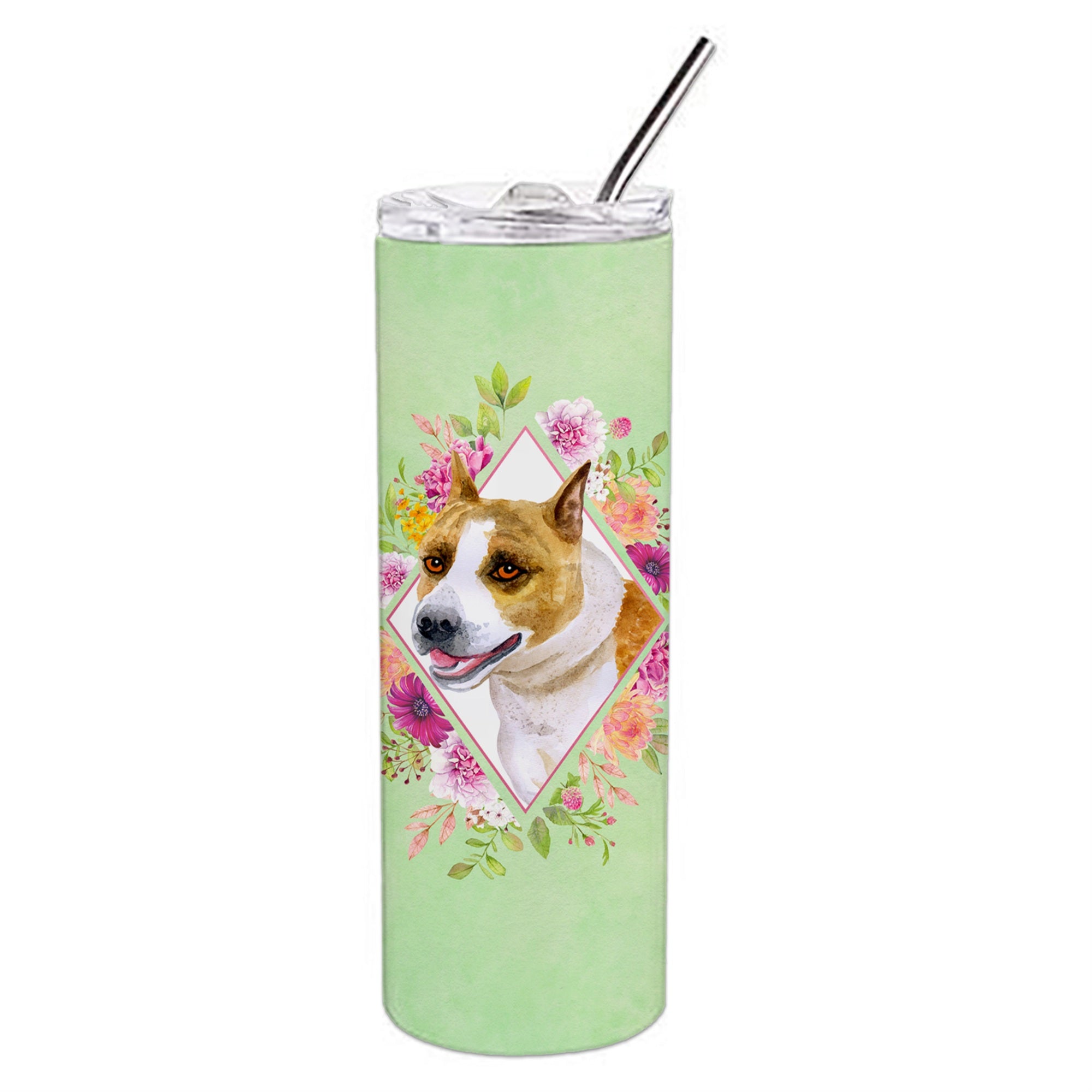 'Caroline'S Treasures Bull Terrier Green Flowers Double Walled Stainless Steel 20 Oz Skinny Travel-Insulated-Tumblers, Multicol