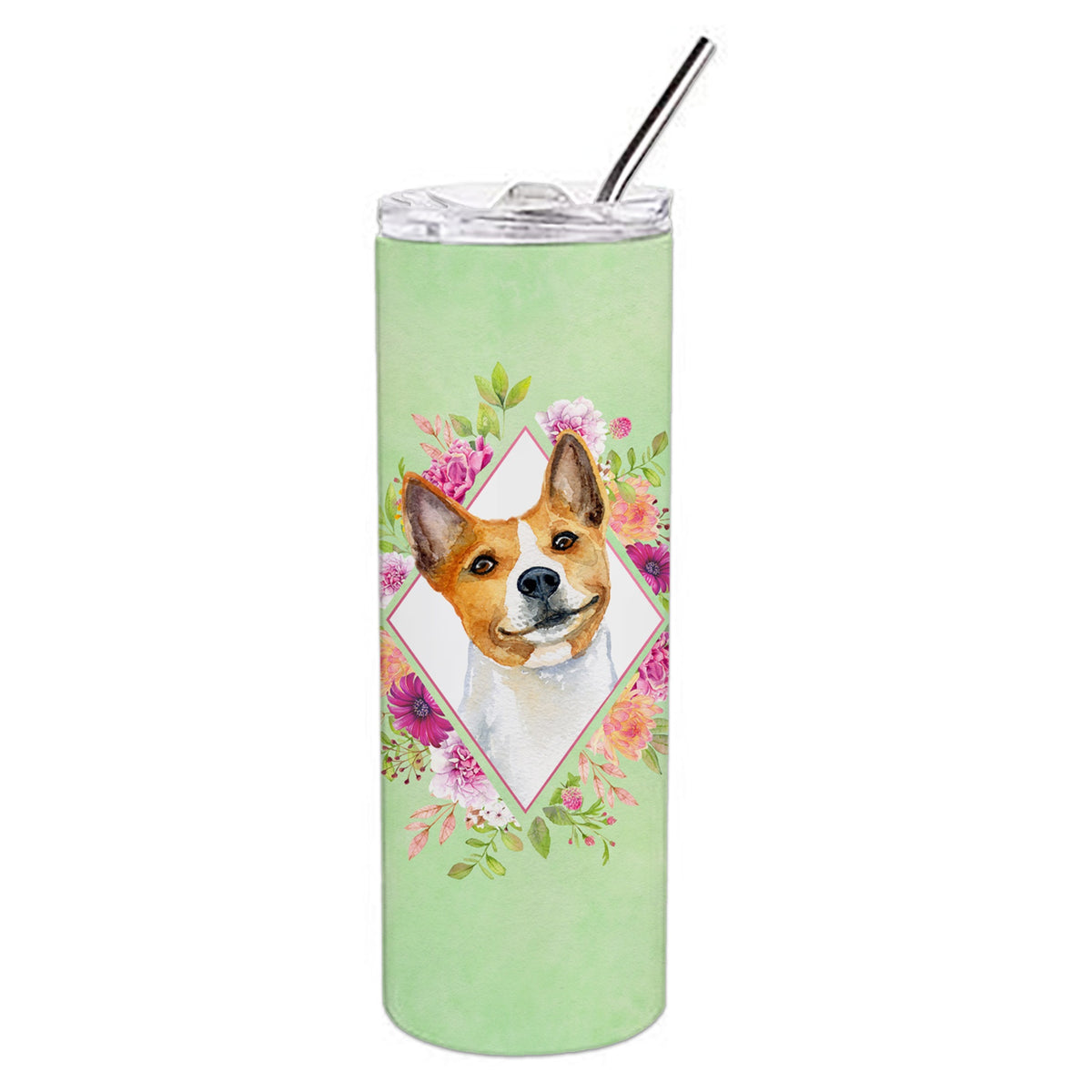 'Caroline'S Treasures Basenji Green Flowers Double Walled Stainless Steel 20 Oz Skinny Travel-Insulated-Tumblers, Multicolor''