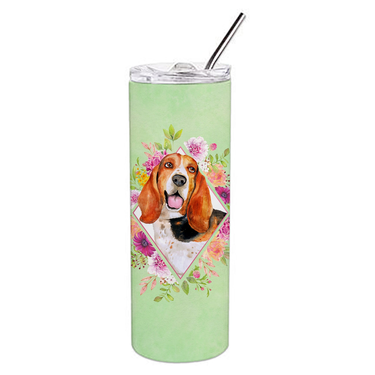 'Caroline'S Treasures Basset Hound Green Flowers Double Walled Stainless Steel 20 Oz Skinny Travel-Insulated-Tumblers, Multicol