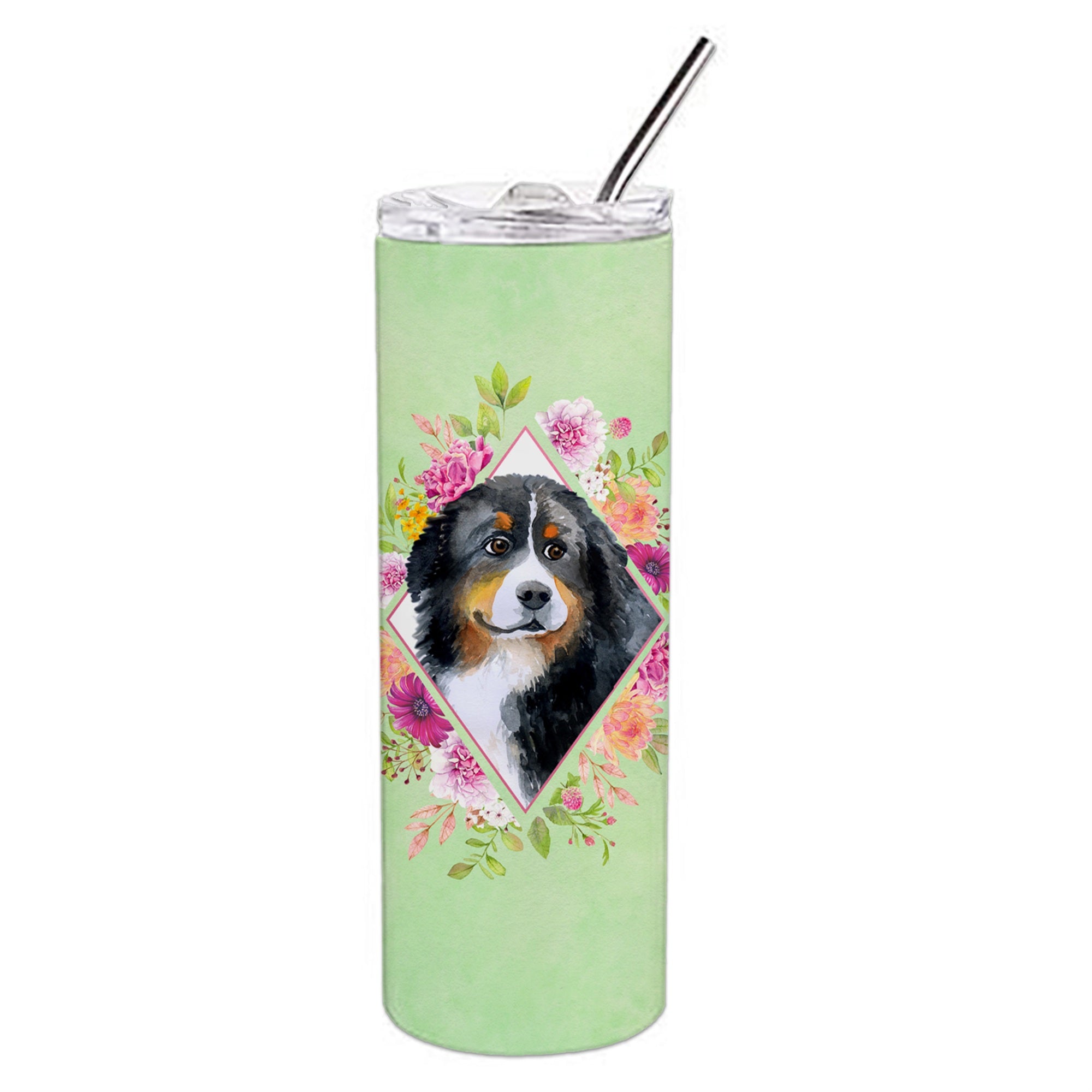 'Caroline'S Treasures Bernese Mountain Dog Green Flowers Double Walled Stainless Steel 20 Oz Skinny Travel-Insulated-Tumblers,