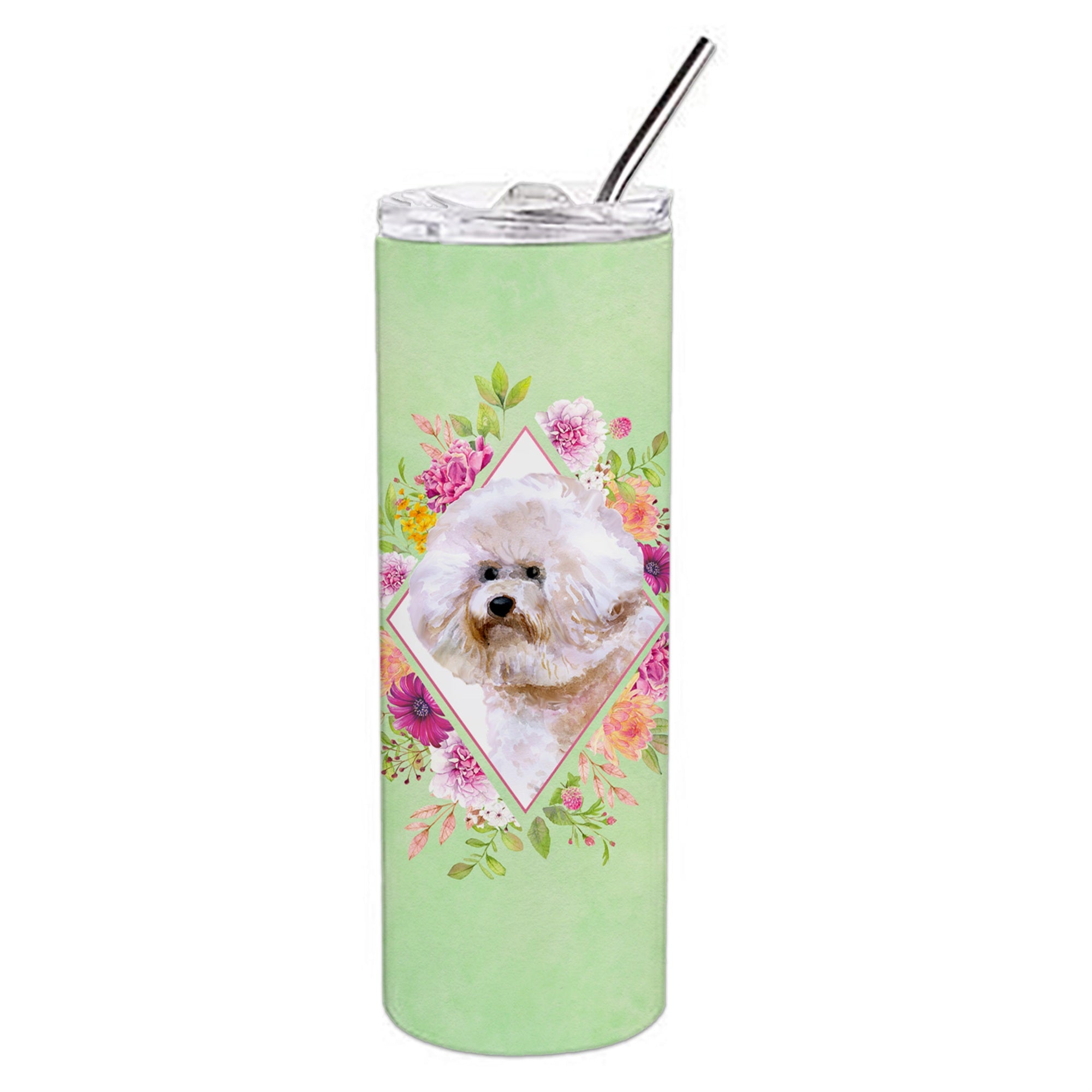 'Caroline'S Treasures Bichon Fris #1 Green Flowers Double Walled Stainless Steel 20 Oz Skinny Travel-Insulated-Tumblers, Multic