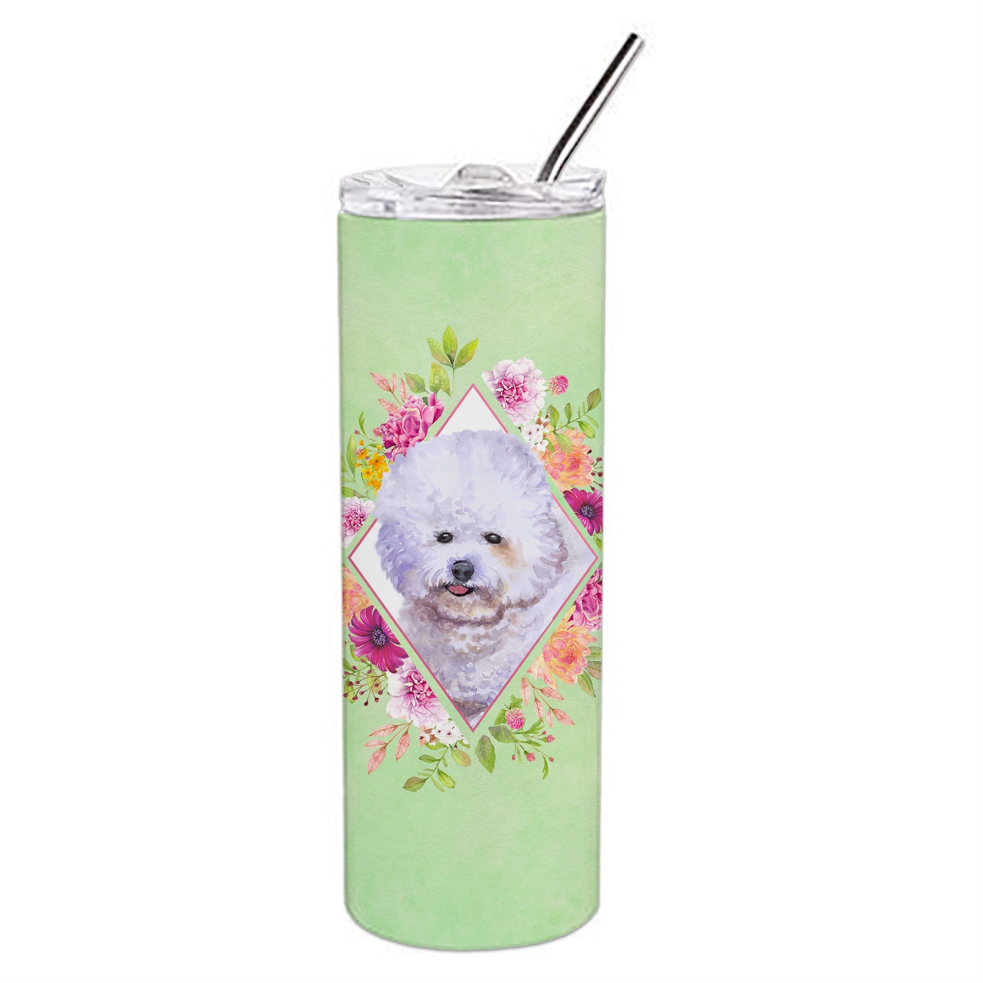 'Caroline'S Treasures Bichon Fris #2 Green Flowers Double Walled Stainless Steel 20 Oz Skinny Travel-Insulated-Tumblers, Multic