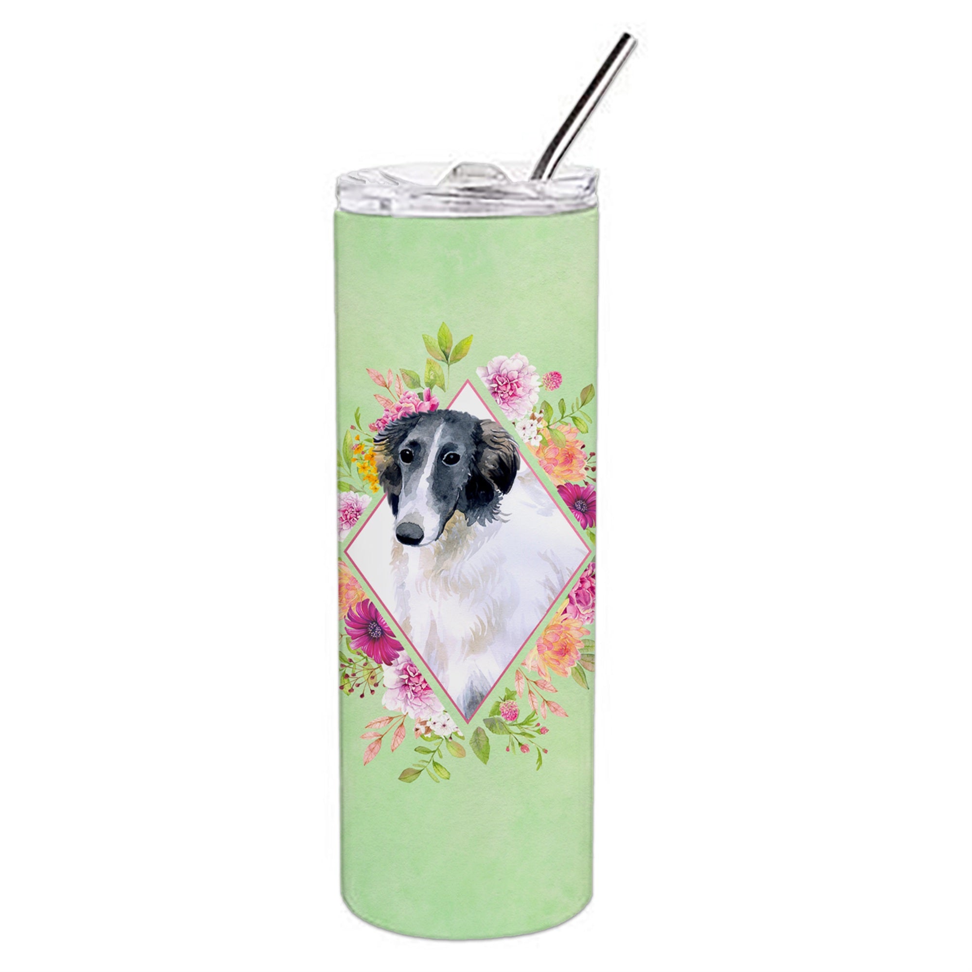 'Caroline'S Treasures Borzoi Green Flowers Double Walled Stainless Steel 20 Oz Skinny Travel-Insulated-Tumblers, Multicolor''