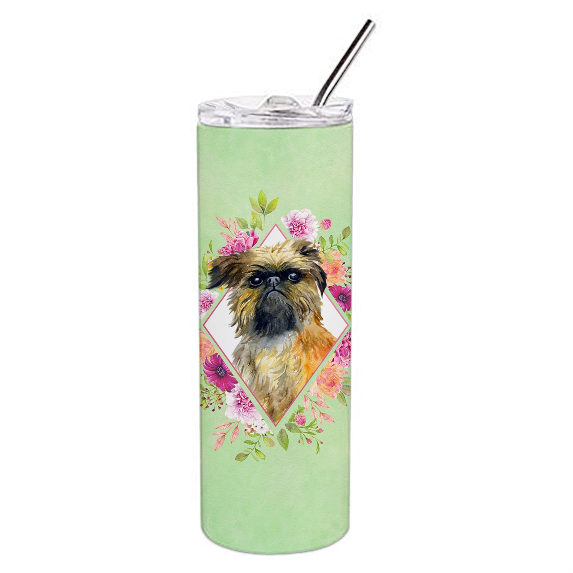 'Caroline'S Treasures Brussels Griffon Green Flowers Double Walled Stainless Steel 20 Oz Skinny Travel-Insulated-Tumblers, Mult