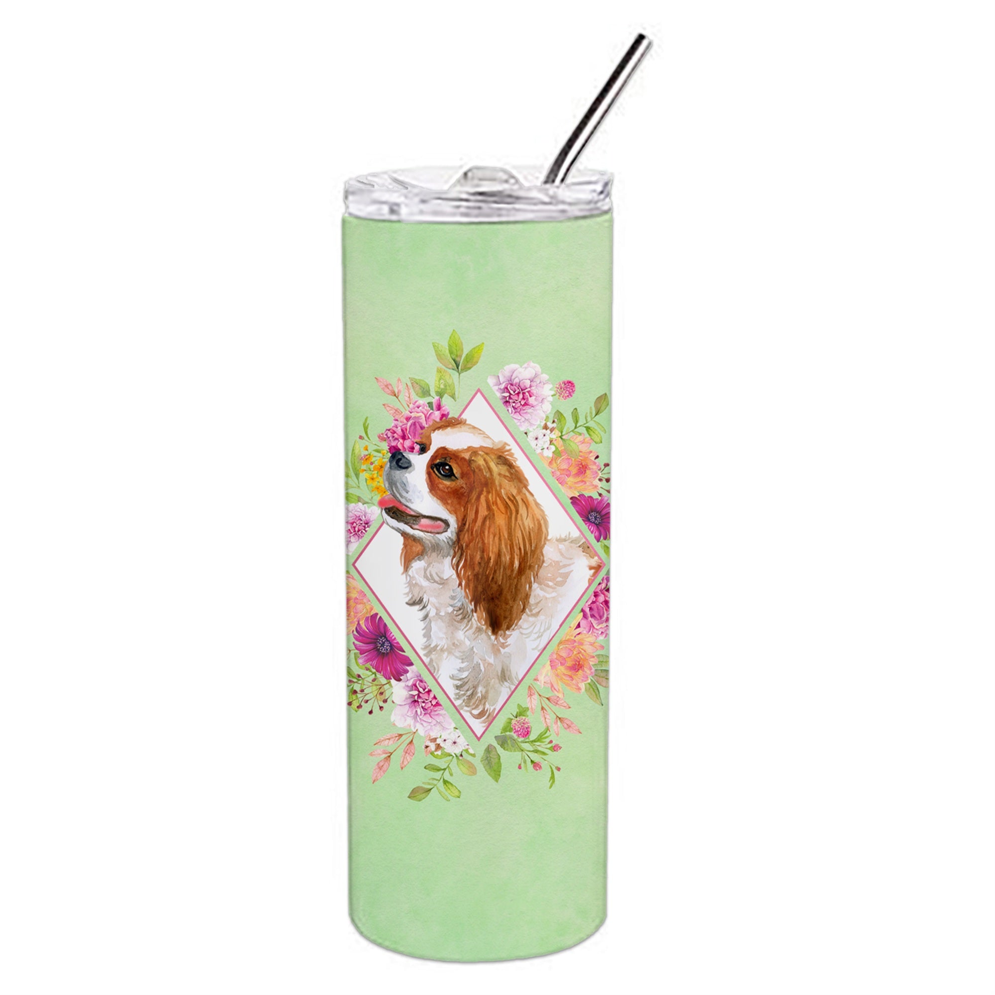 'Caroline'S Treasures Cavalier Spaniel Green Flowers Stainless Steel 20 Oz Skinny Travel-Insulated-Tumblers, Multicolor''