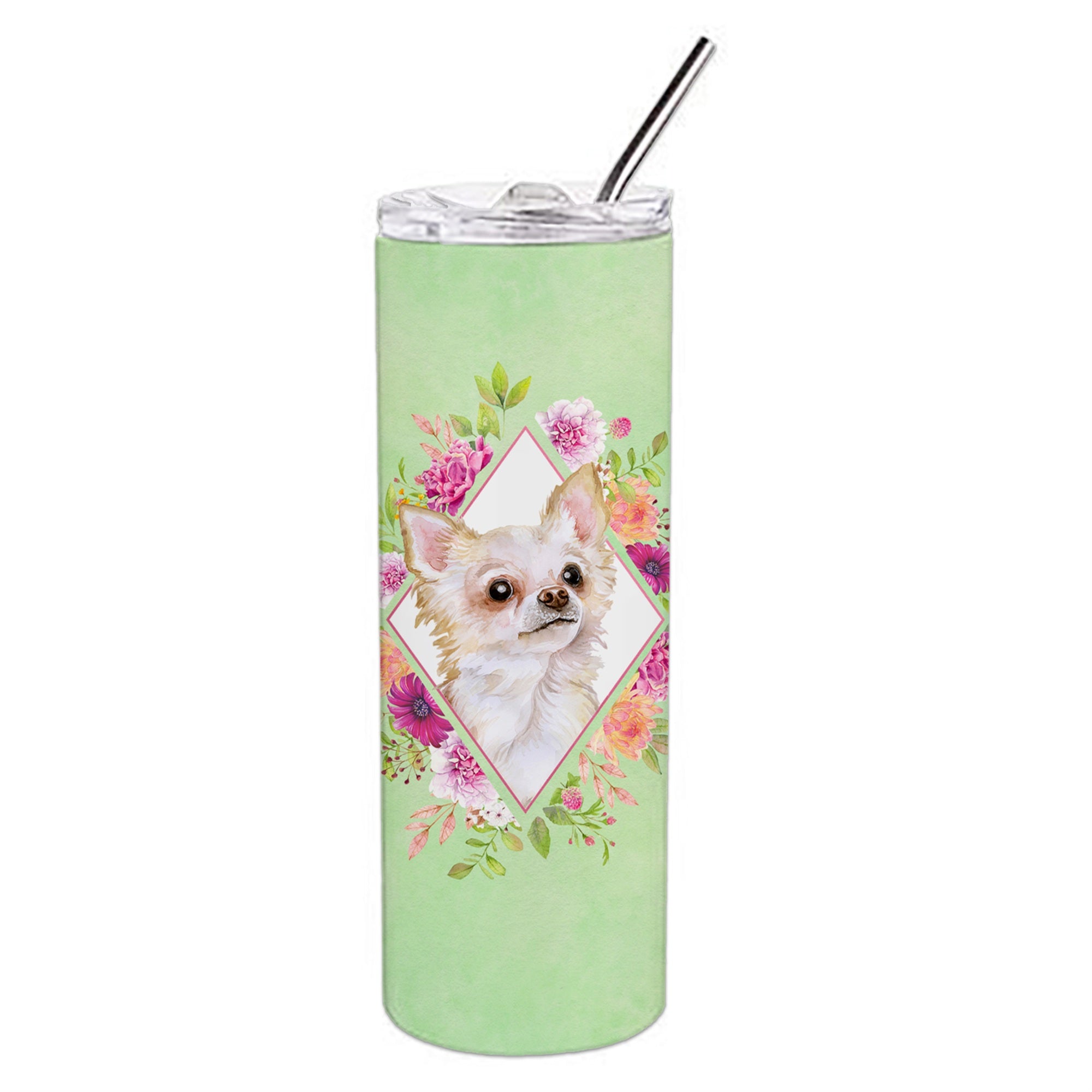 'Caroline'S Treasures Long Hair Chihuahua Green Flowers Double Walled Stainless Steel 20 Oz Skinny Travel-Insulated-Tumblers, M