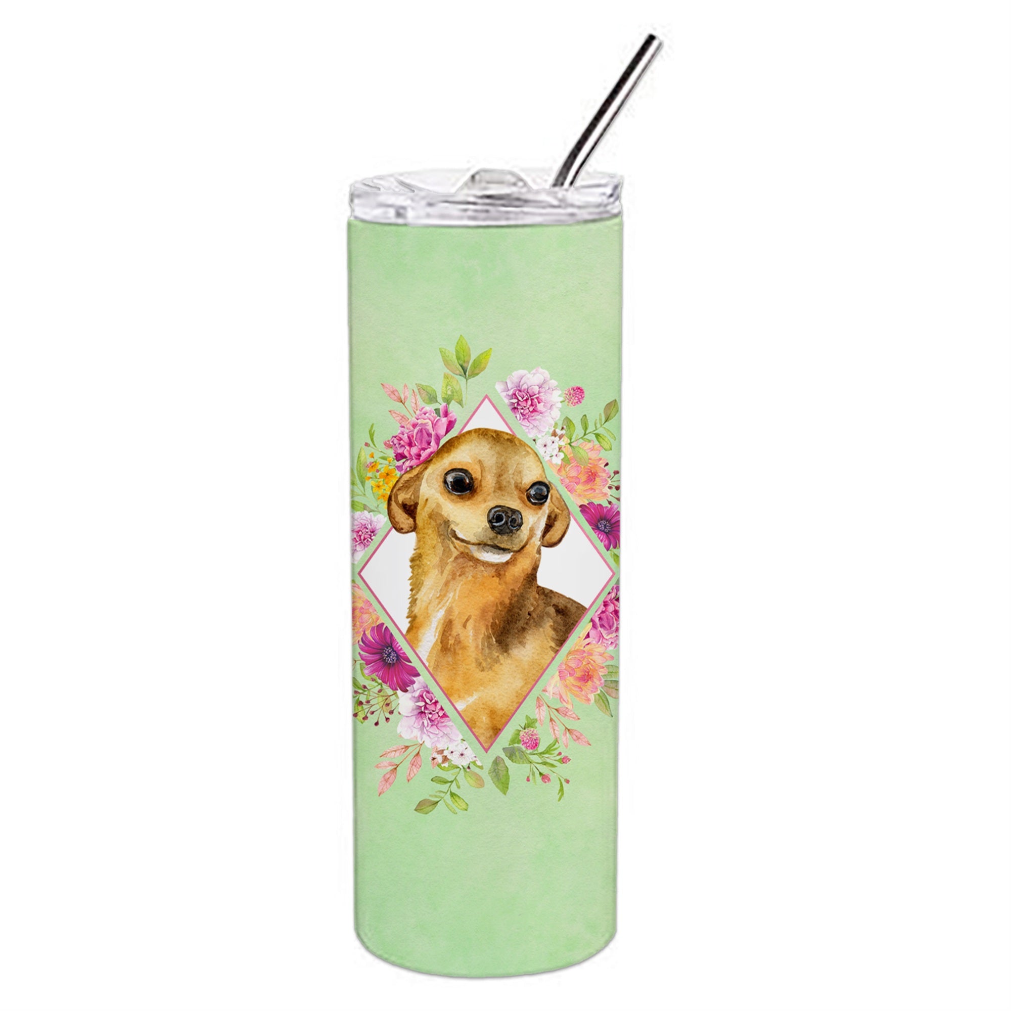 'Caroline'S Treasures Chihuahua #1 Green Flowers Double Walled Stainless Steel 20 Oz Skinny Travel-Insulated-Tumblers, Multicol