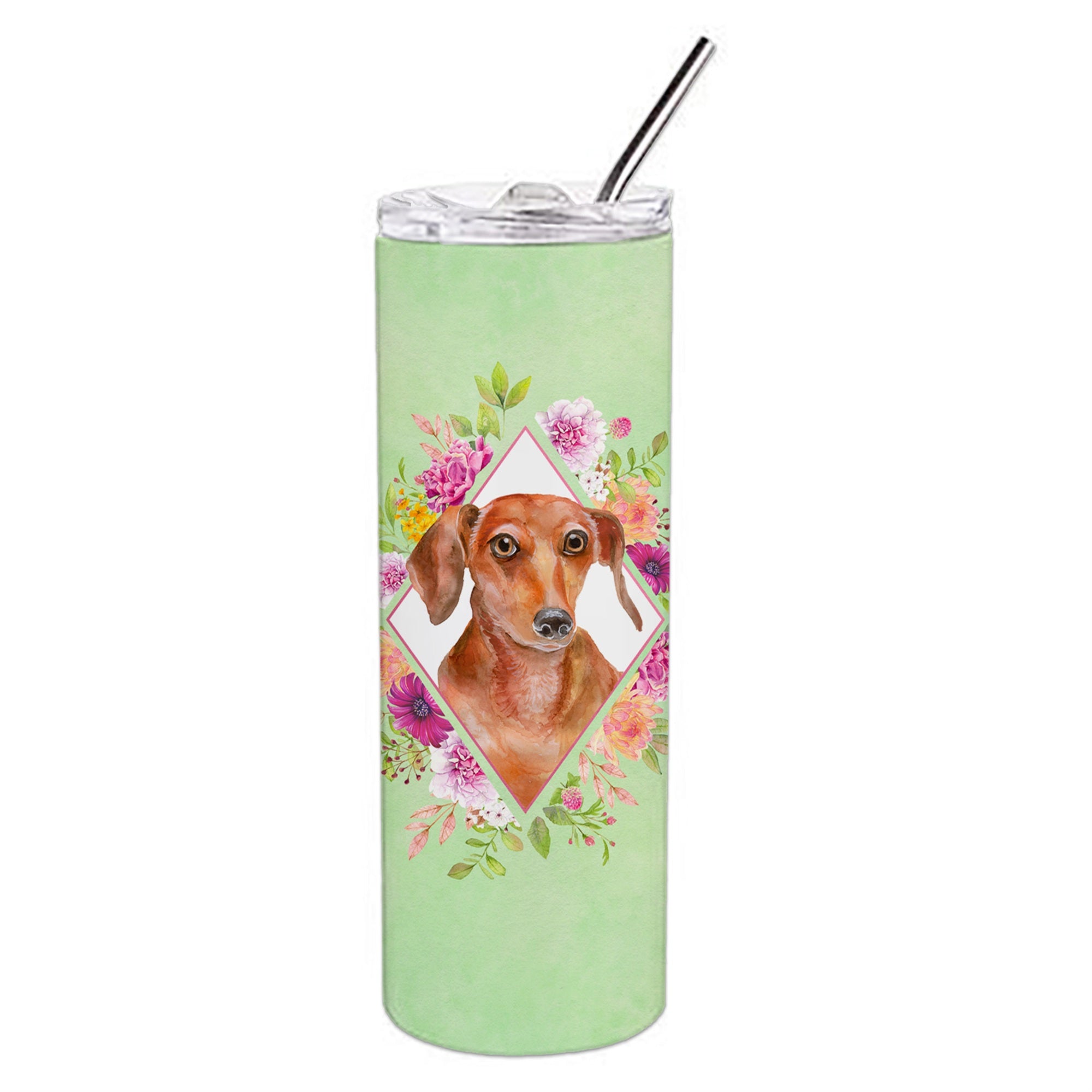 'Caroline'S Treasures Dachshund Red #2 Green Flowers Double Walled Stainless Steel 20 Oz Skinny Travel-Insulated-Tumblers, Mult