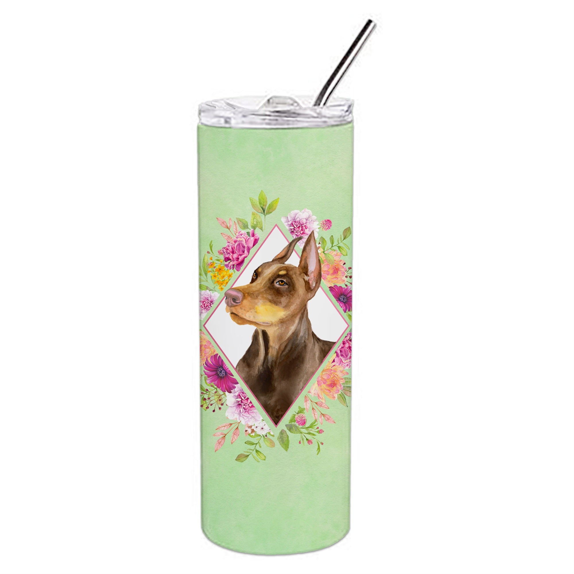 'Caroline'S Treasures Doberman Pinscher Green Flowers Double Walled Stainless Steel 20 Oz Skinny Travel-Insulated-Tumblers, Mul