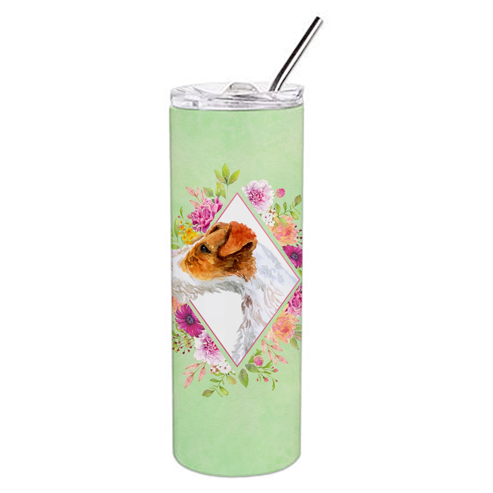 'Caroline'S Treasures Jack Russell Terrier #2 Green Flowers Stainless Steel 20 Oz Skinny Travel-Insulated-Tumblers, Multicolor'