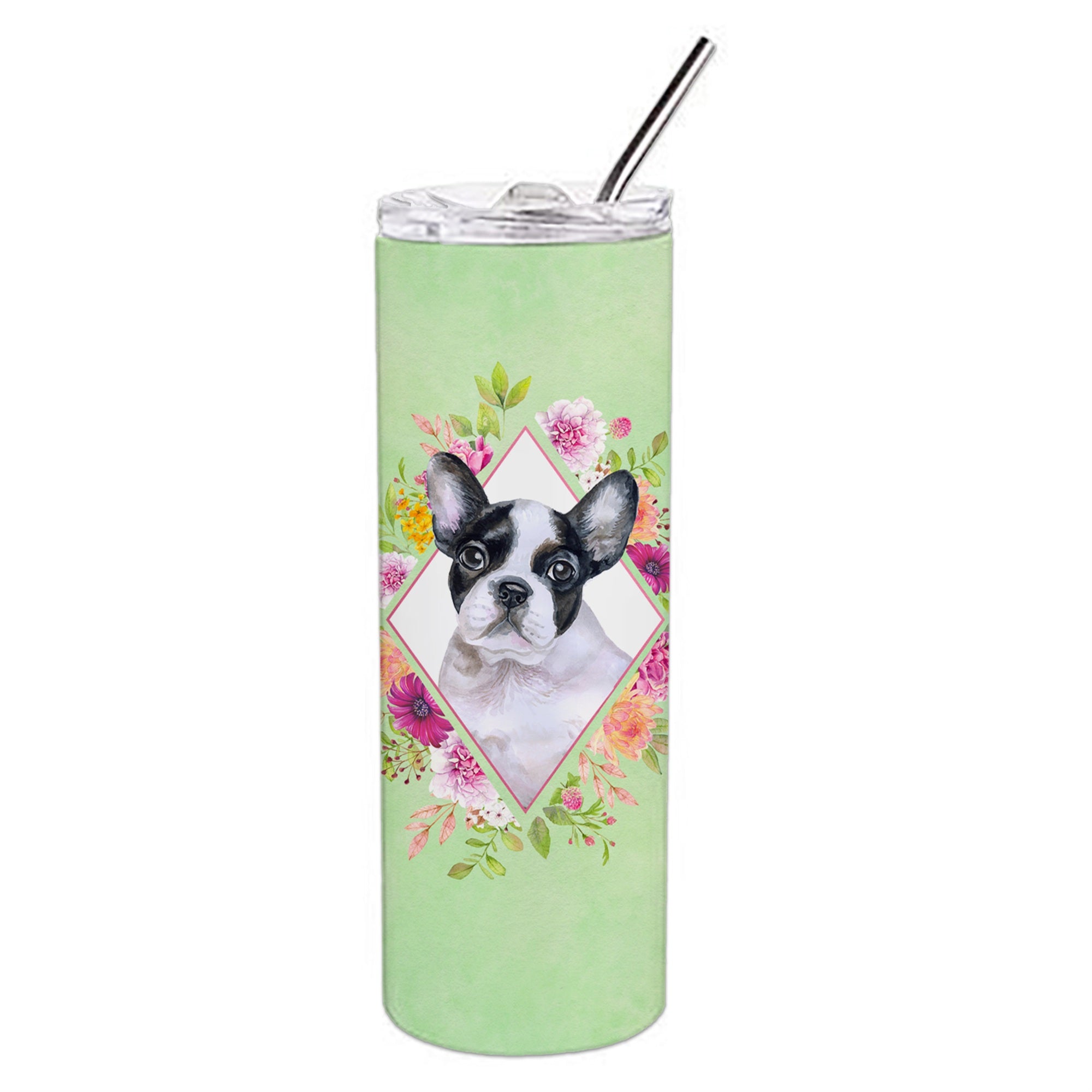 'Caroline'S Treasures French Bulldog Green Flowers Double Walled Stainless Steel 20 Oz Skinny Travel-Insulated-Tumblers, Multic