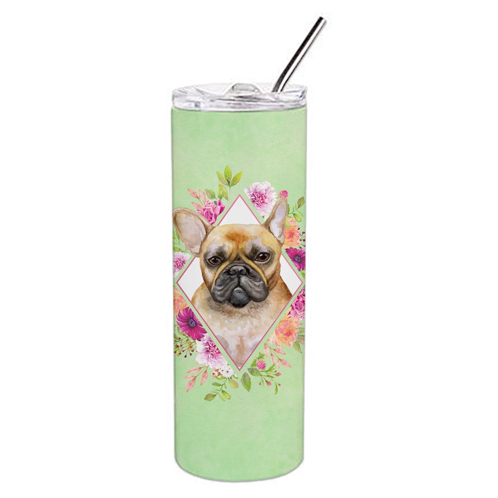 'Caroline'S Treasures Fawn French Bulldog Green Flowers Double Walled Stainless Steel 20 Oz Skinny Travel-Insulated-Tumblers, M