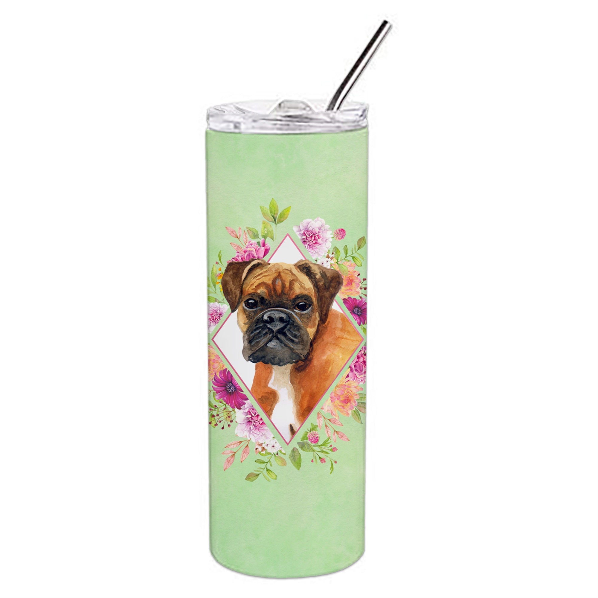 'Caroline'S Treasures German Boxer Green Flowers Double Walled Stainless Steel 20 Oz Skinny Travel-Insulated-Tumblers, Multicol