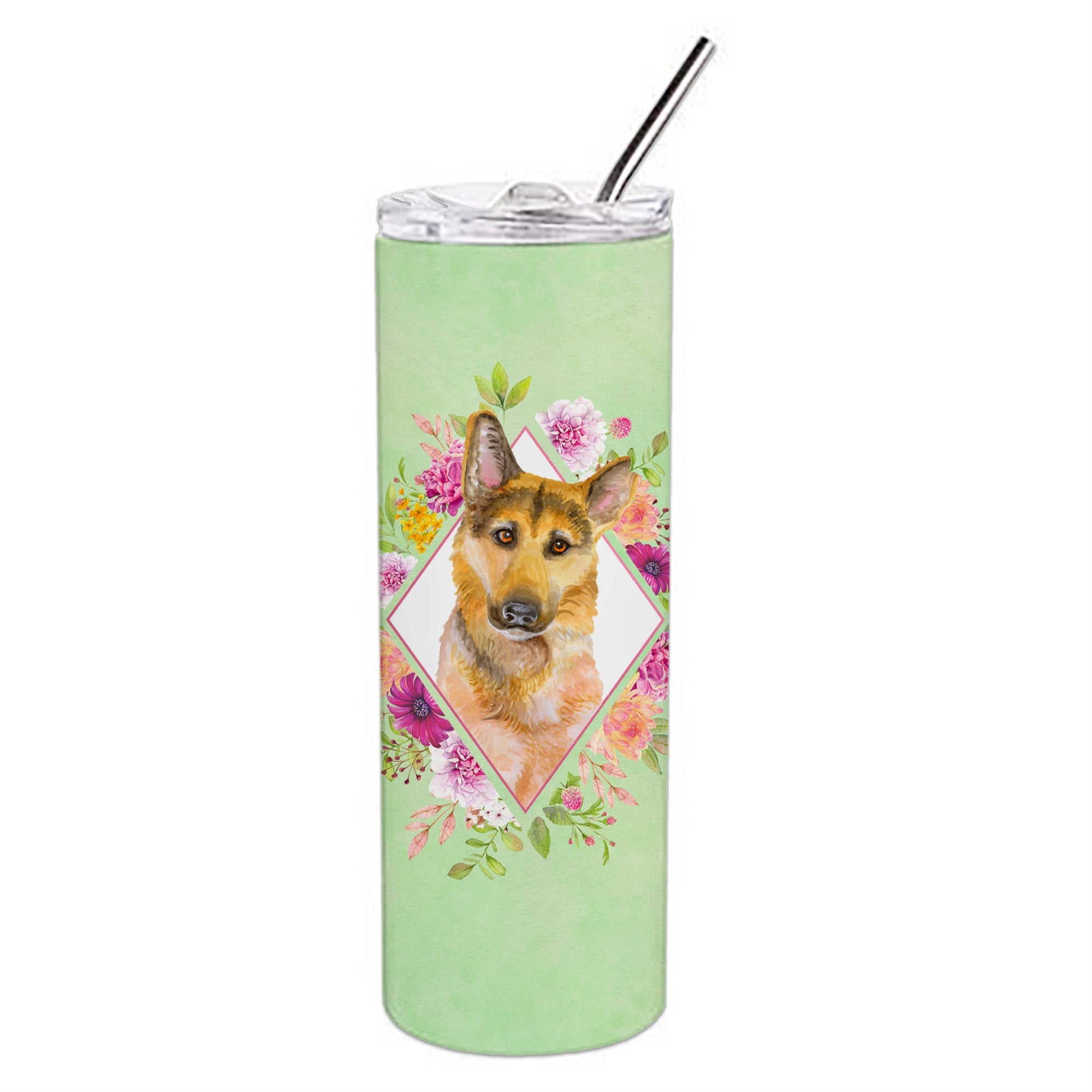 'Caroline'S Treasures German Shepherd #2 Green Flowers Double Walled Stainless Steel 20 Oz Skinny Travel-Insulated-Tumblers, Mu