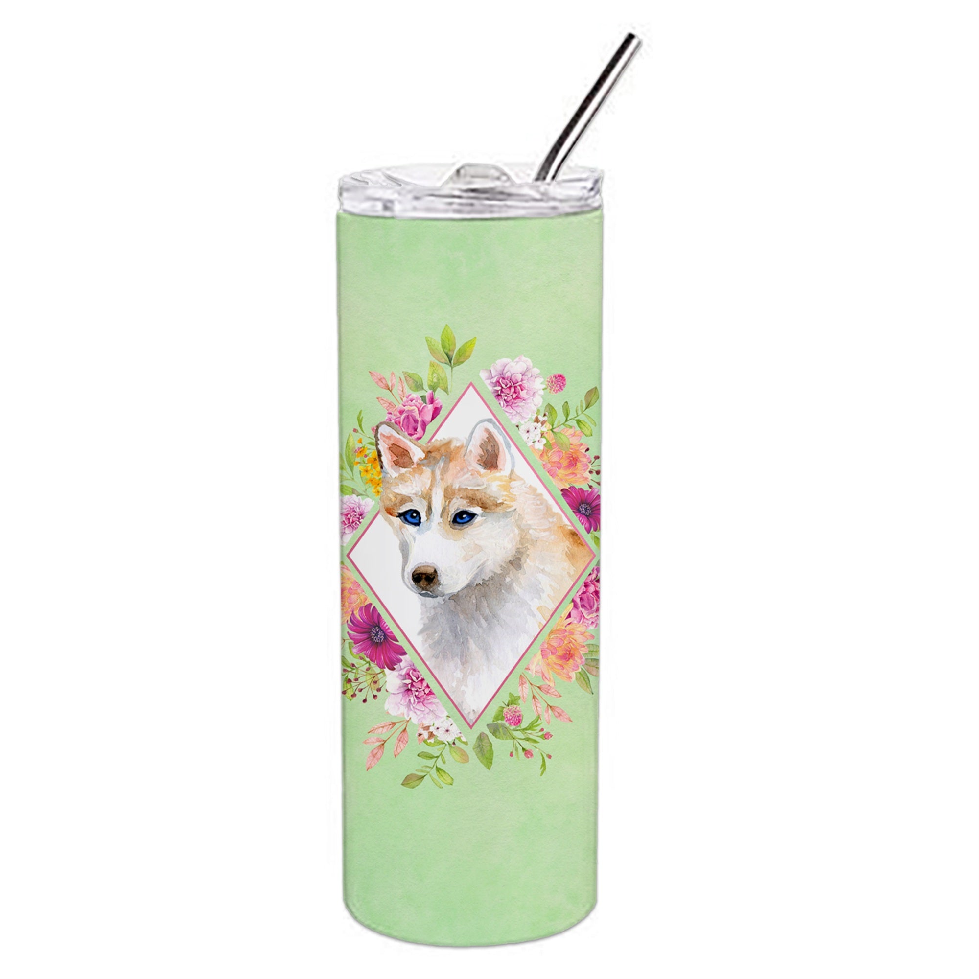 'Caroline'S Treasures Red Siberian Husky Green Flowers Double Walled Stainless Steel 20 Oz Skinny Travel-Insulated-Tumblers, Mu