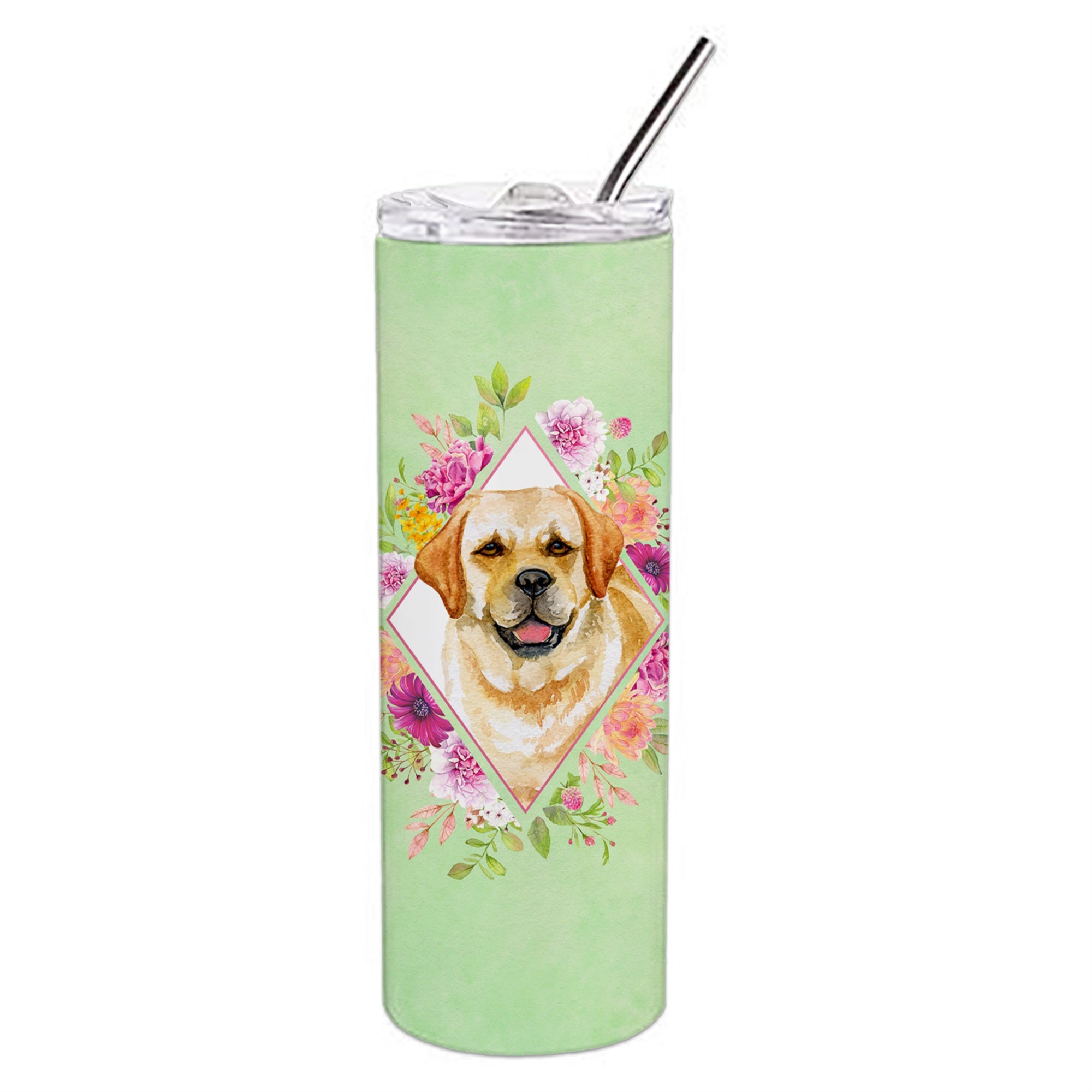 'Caroline'S Treasures Golden Retriever Green Flowers Double Walled Stainless Steel 20 Oz Skinny Travel-Insulated-Tumblers, Mult