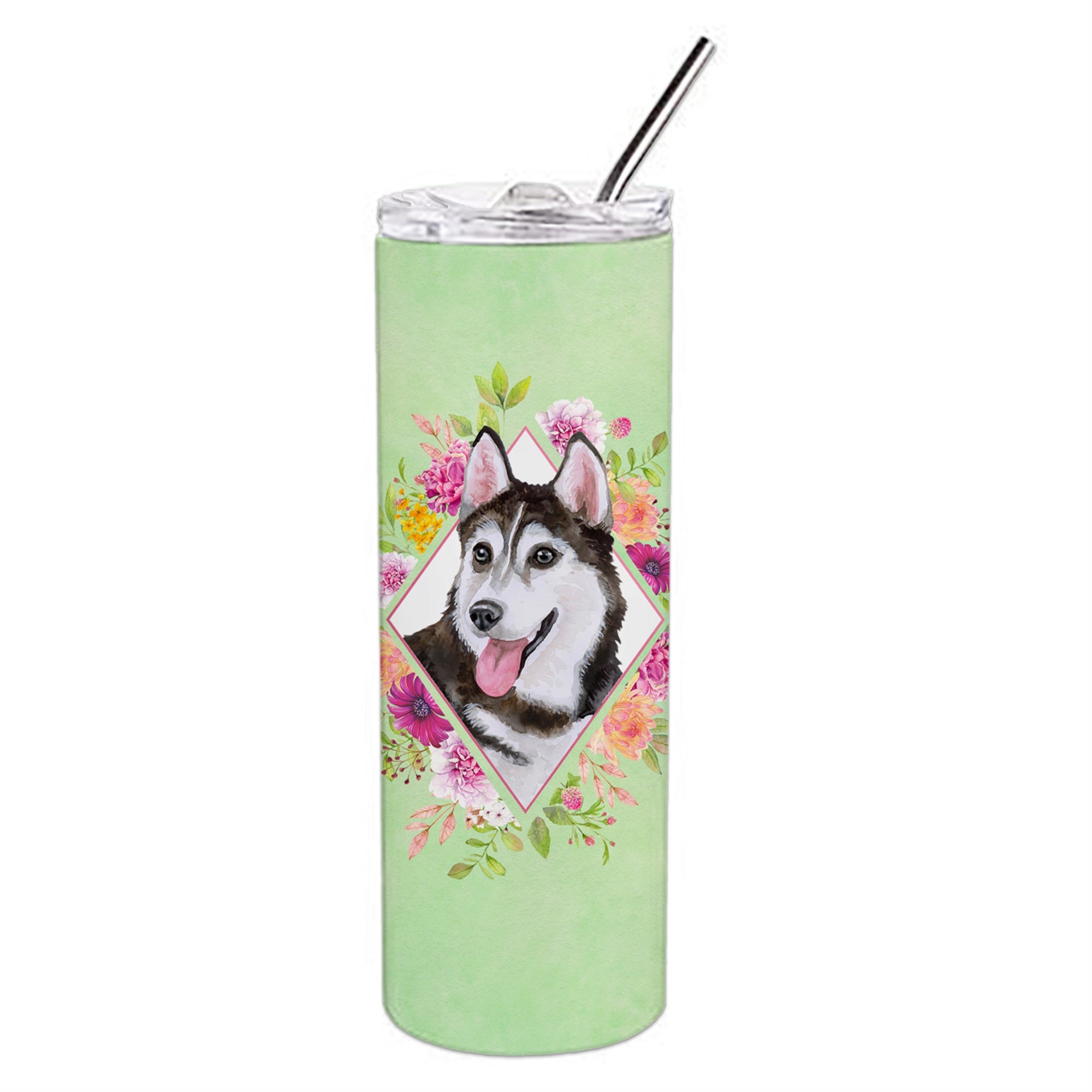 'Caroline'S Treasures Siberian Husky #1 Green Flowers Double Walled Stainless Steel 20 Oz Skinny Travel-Insulated-Tumblers, Mul