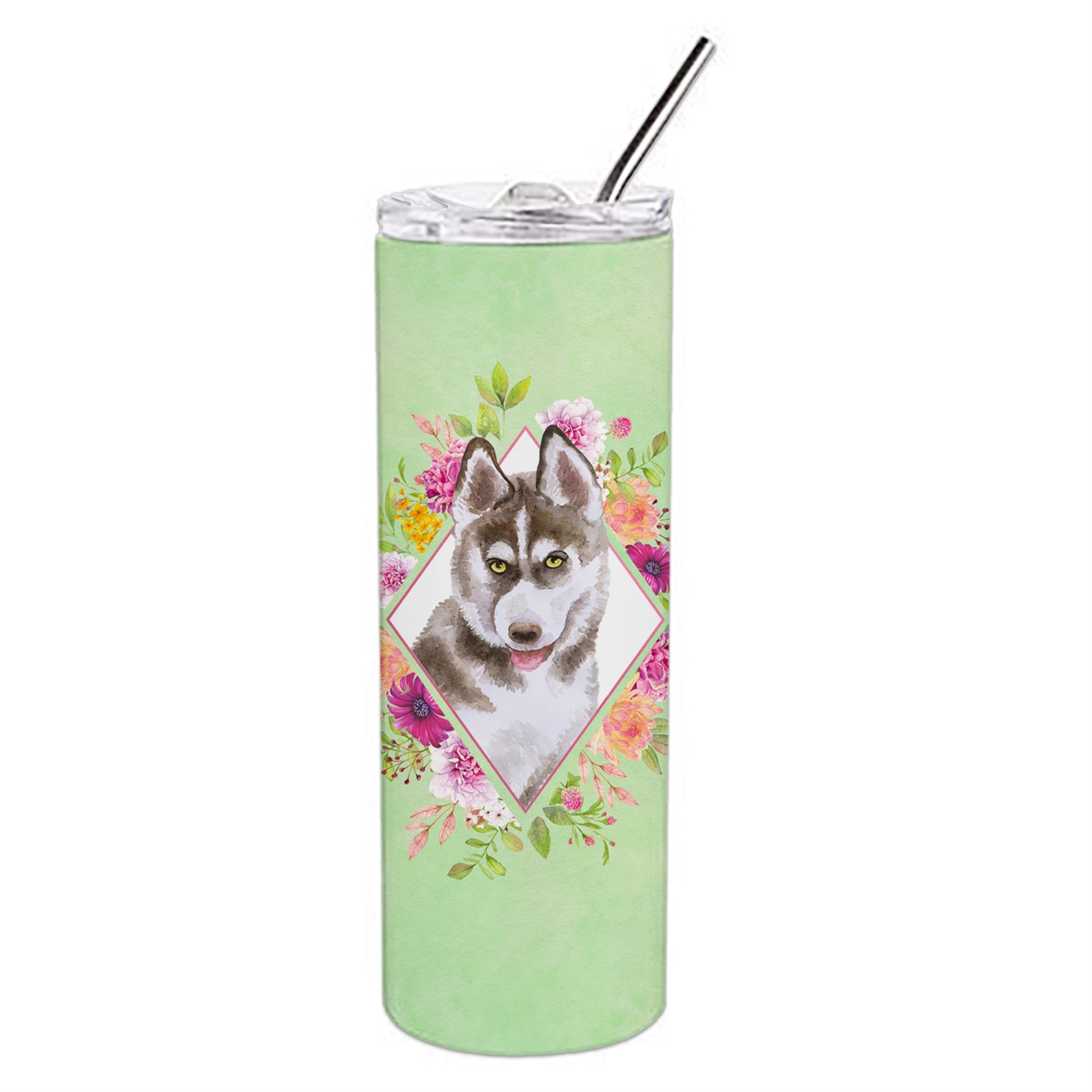 'Caroline'S Treasures Siberian Husky #2 Green Flowers Double Walled Stainless Steel 20 Oz Skinny Travel-Insulated-Tumblers, Mul