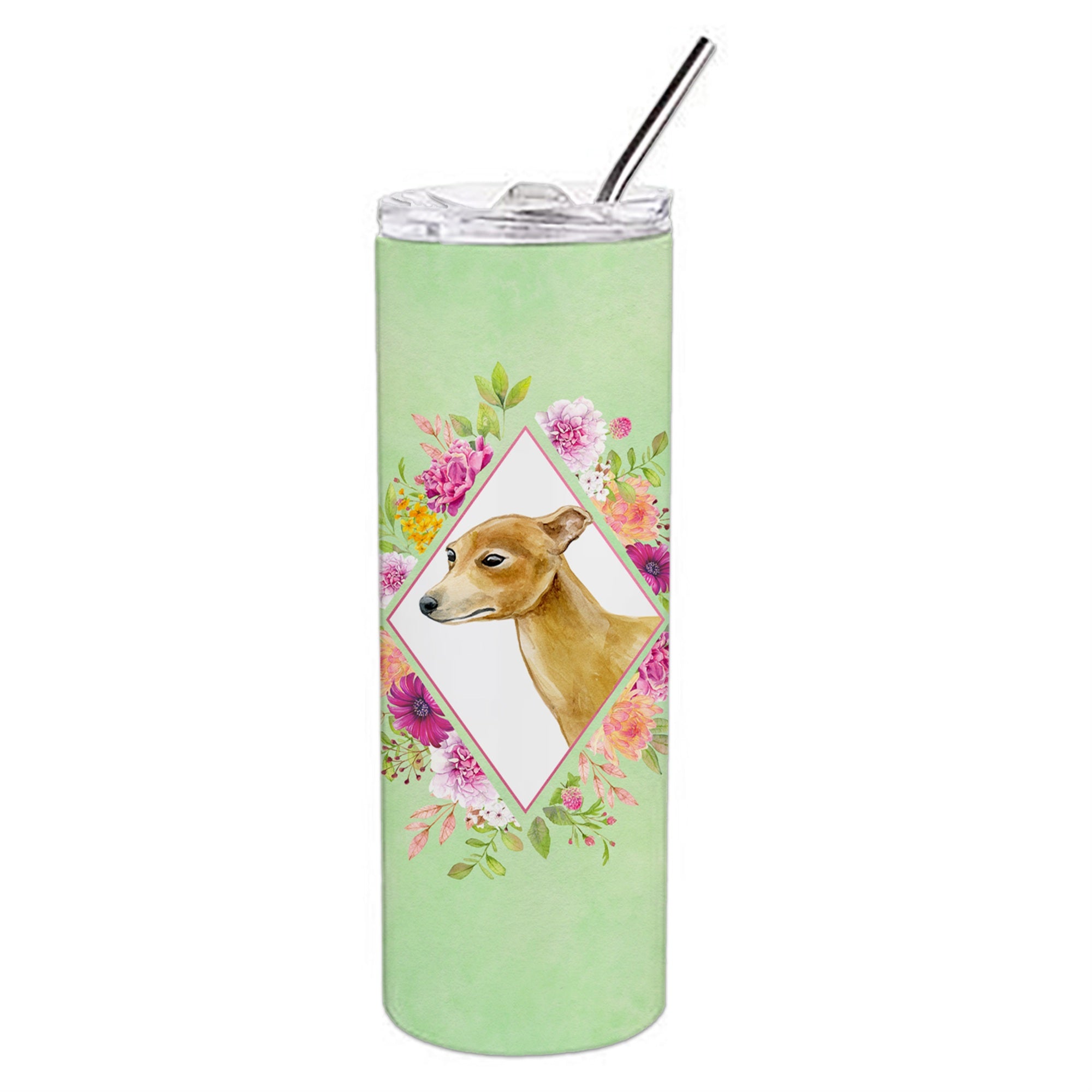 'Caroline'S Treasures Italian Greyhound Green Flowers Double Walled Stainless Steel 20 Oz Skinny Travel-Insulated-Tumblers, Mul