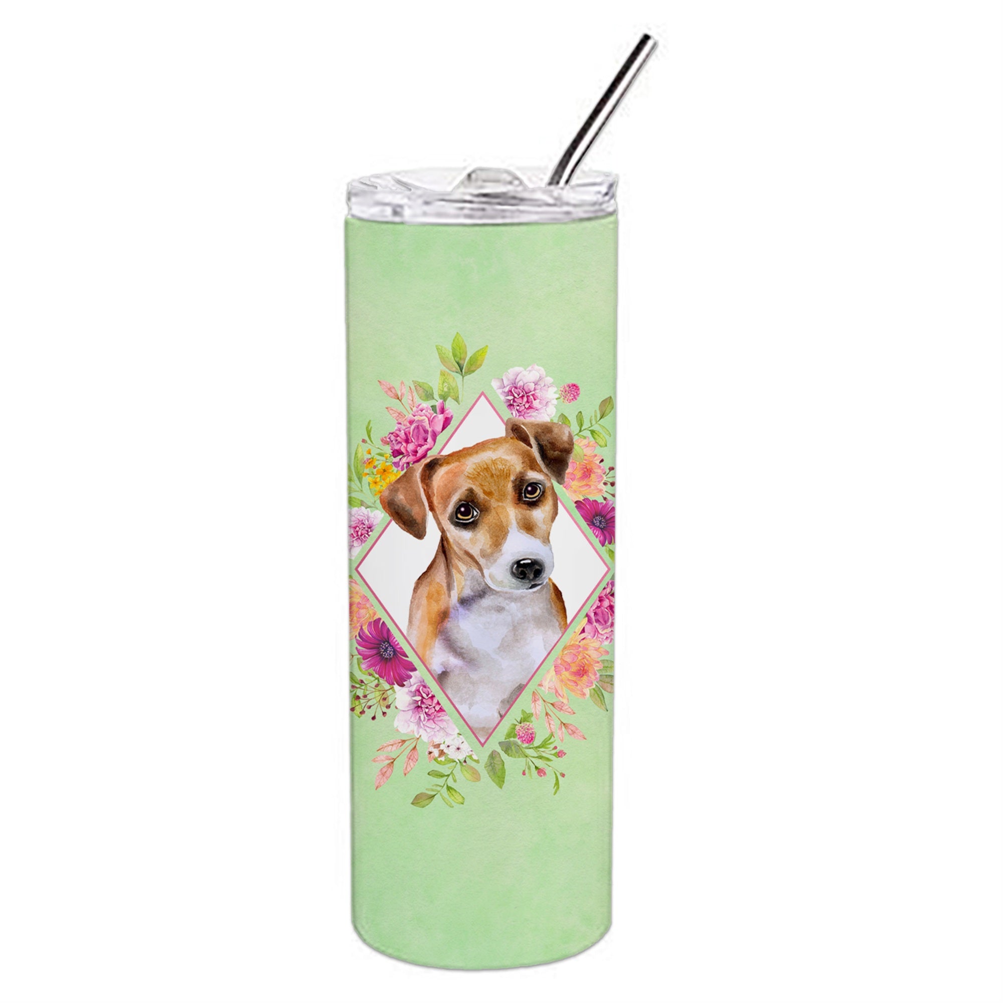 'Caroline'S Treasures Jack Russell Terrier #1 Green Flowers Stainless Steel 20 Oz Skinny Travel-Insulated-Tumblers, Multicolor'