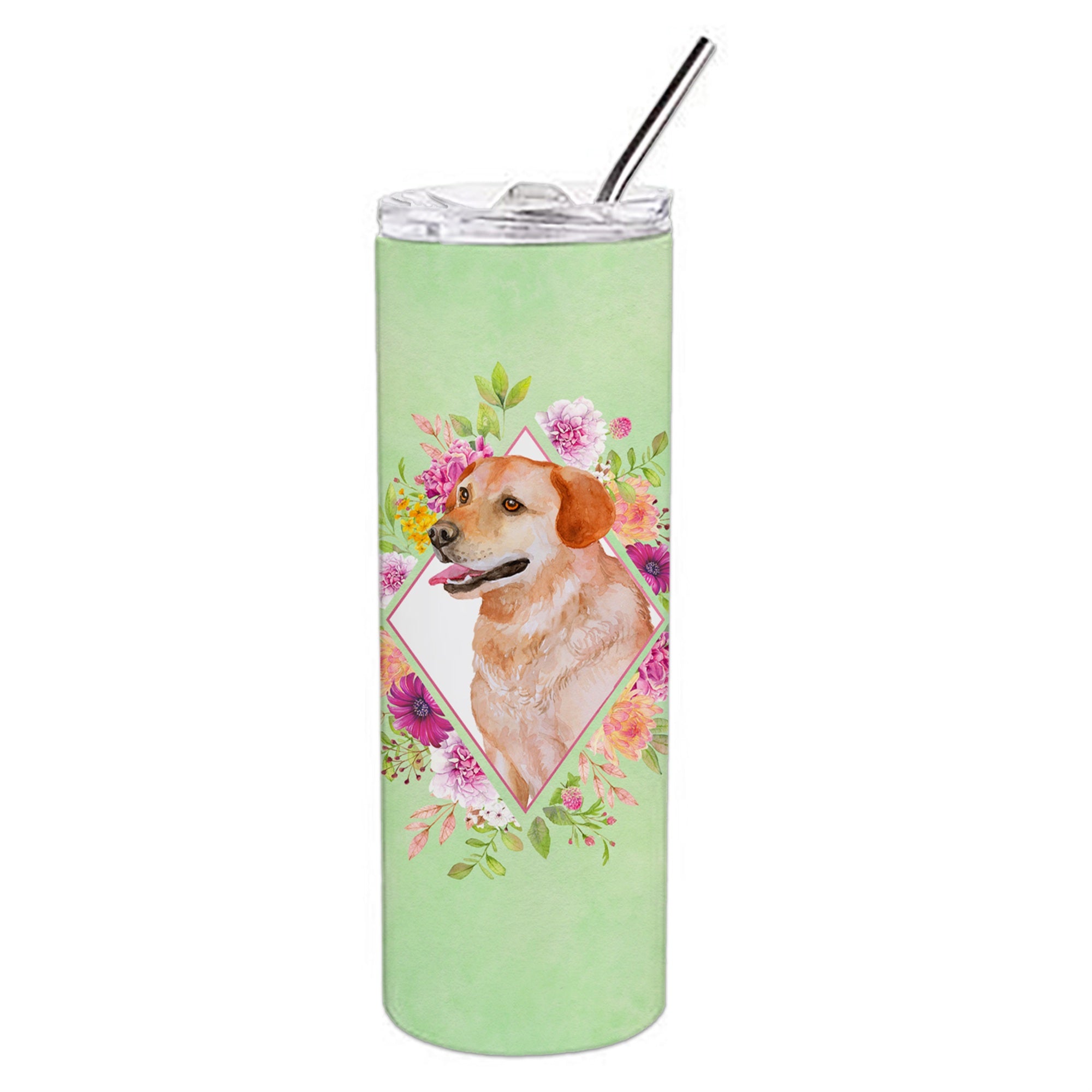 'Caroline'S Treasures Yellow Labrador Retriever Green Flowers Stainless Steel 20 Oz Skinny Travel-Insulated-Tumblers, Multicolo