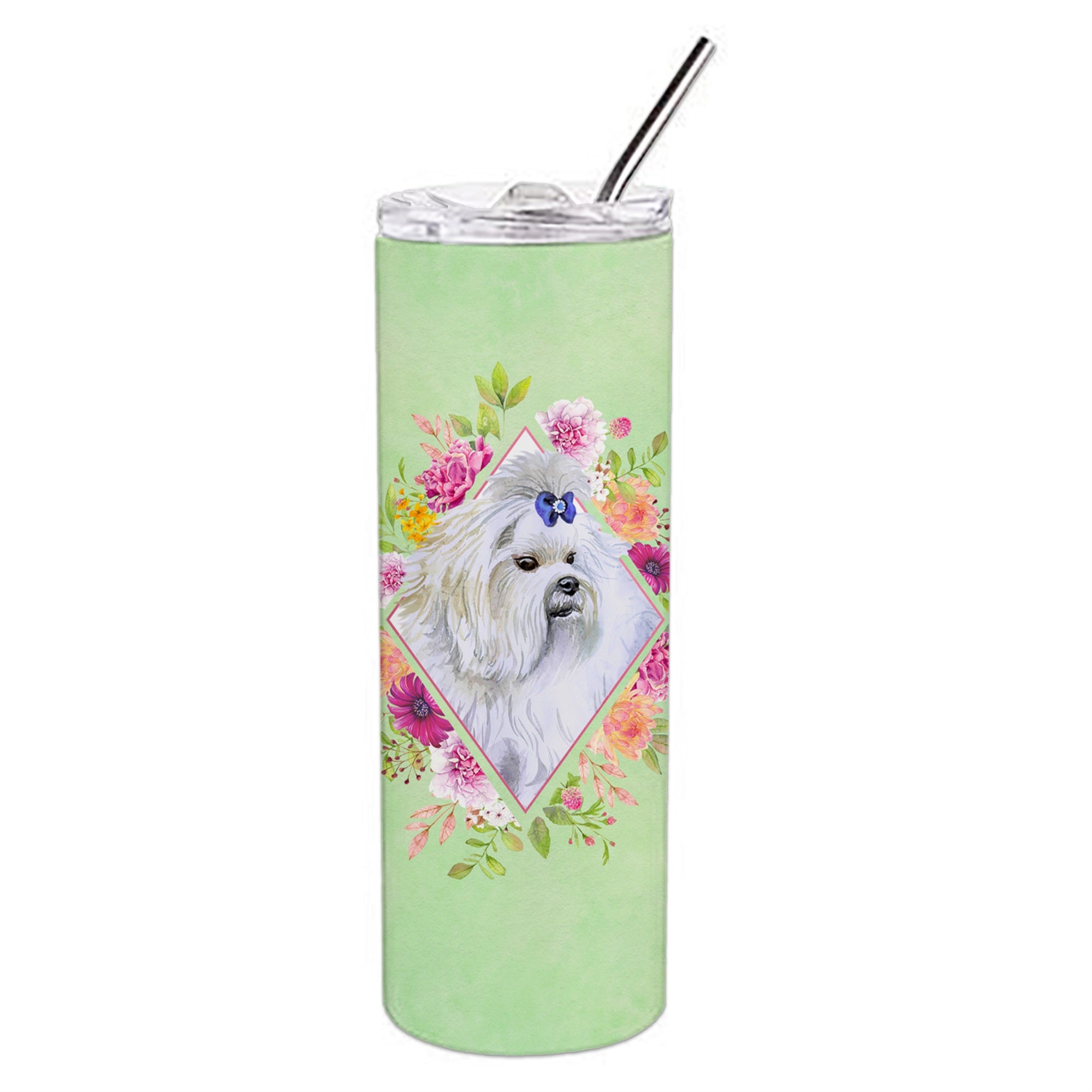 'Caroline'S Treasures Maltese Green Flowers Double Walled Stainless Steel 20 Oz Skinny Travel-Insulated-Tumblers, Multicolor''