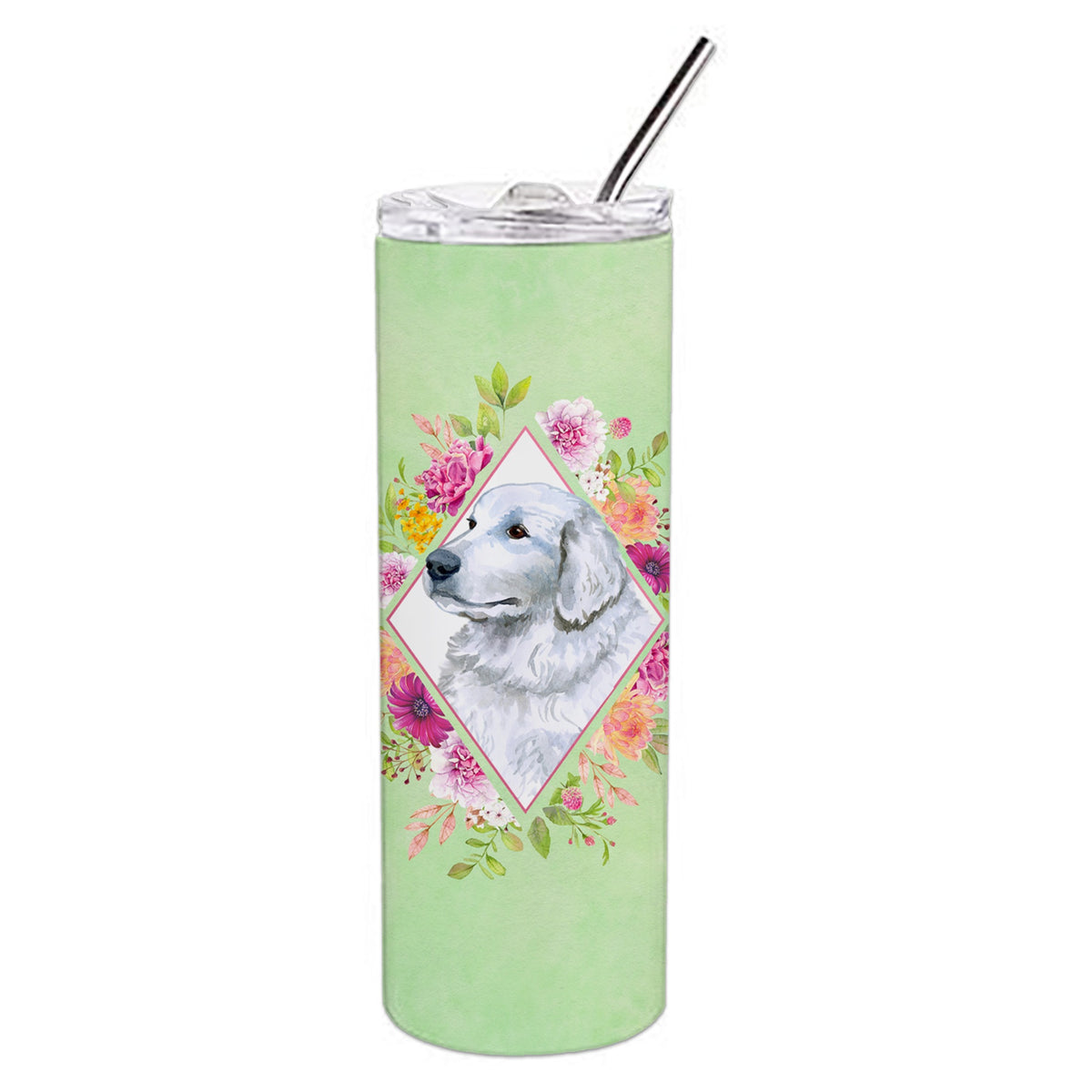 'Caroline'S Treasures Pyrenees Green Flowers Double Walled Stainless Steel 20 Oz Skinny Travel-Insulated-Tumblers, Multicolor''
