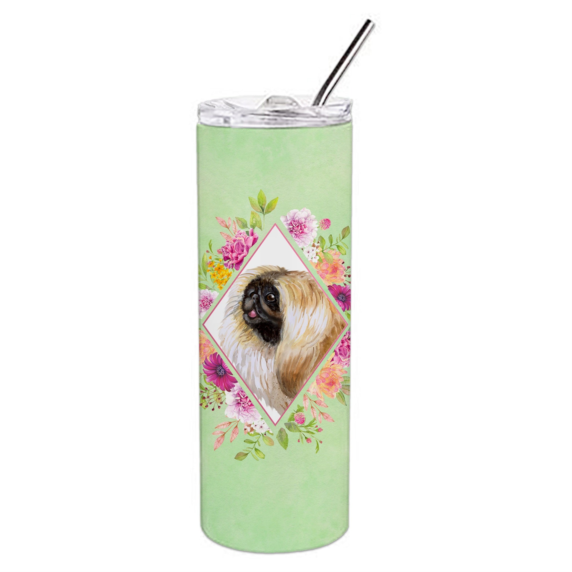 'Caroline'S Treasures Pekingese Green Flowers Double Walled Stainless Steel 20 Oz Skinny Travel-Insulated-Tumblers, Multicolor'