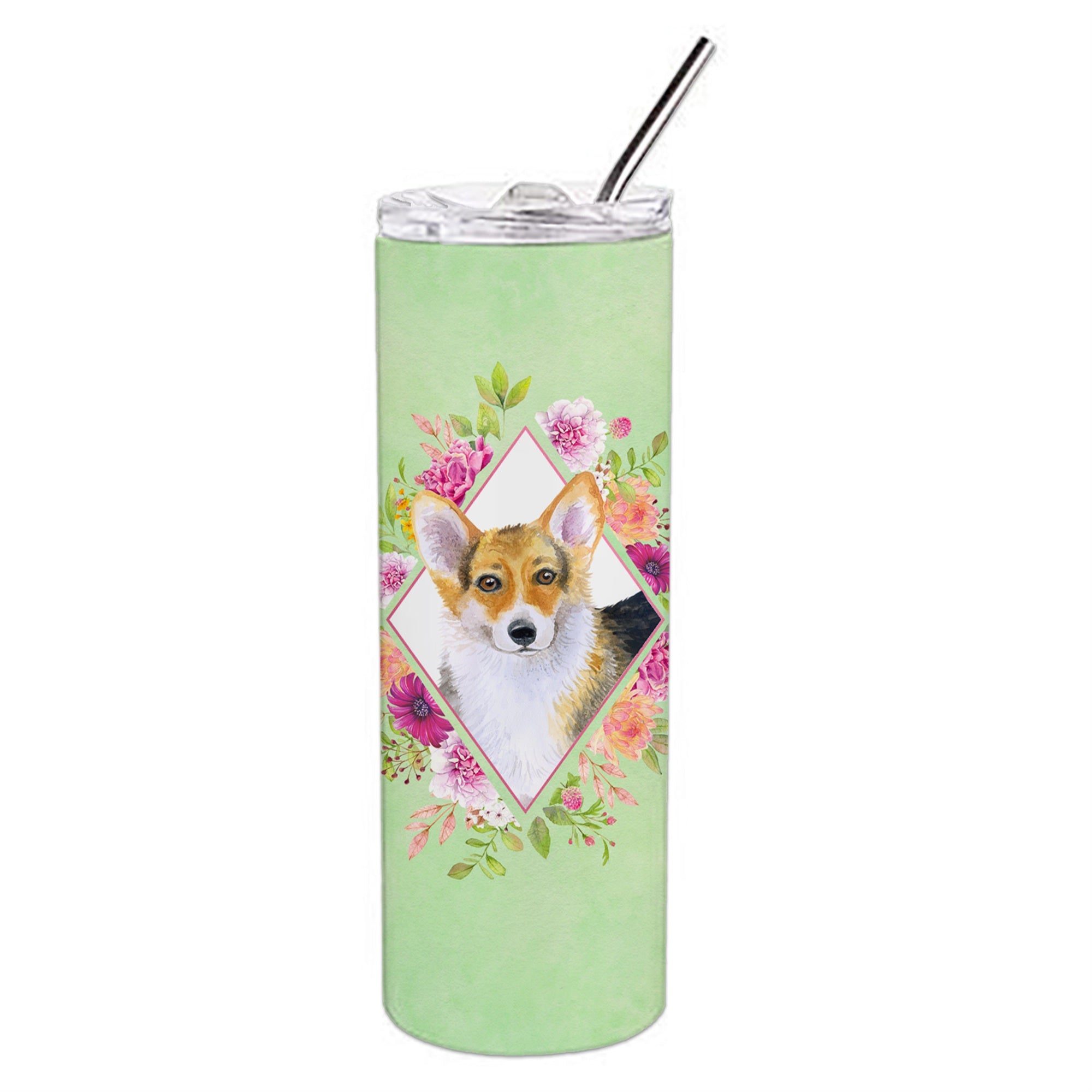 'Caroline'S Treasures Corgi Green Flowers Double Walled Stainless Steel 20 Oz Skinny Travel-Insulated-Tumblers, Multicolor''