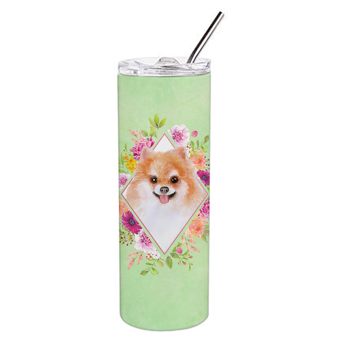 'Caroline'S Treasures Pomeranian #1 Green Flowers Double Walled Stainless Steel 20 Oz Skinny Travel-Insulated-Tumblers, Multico