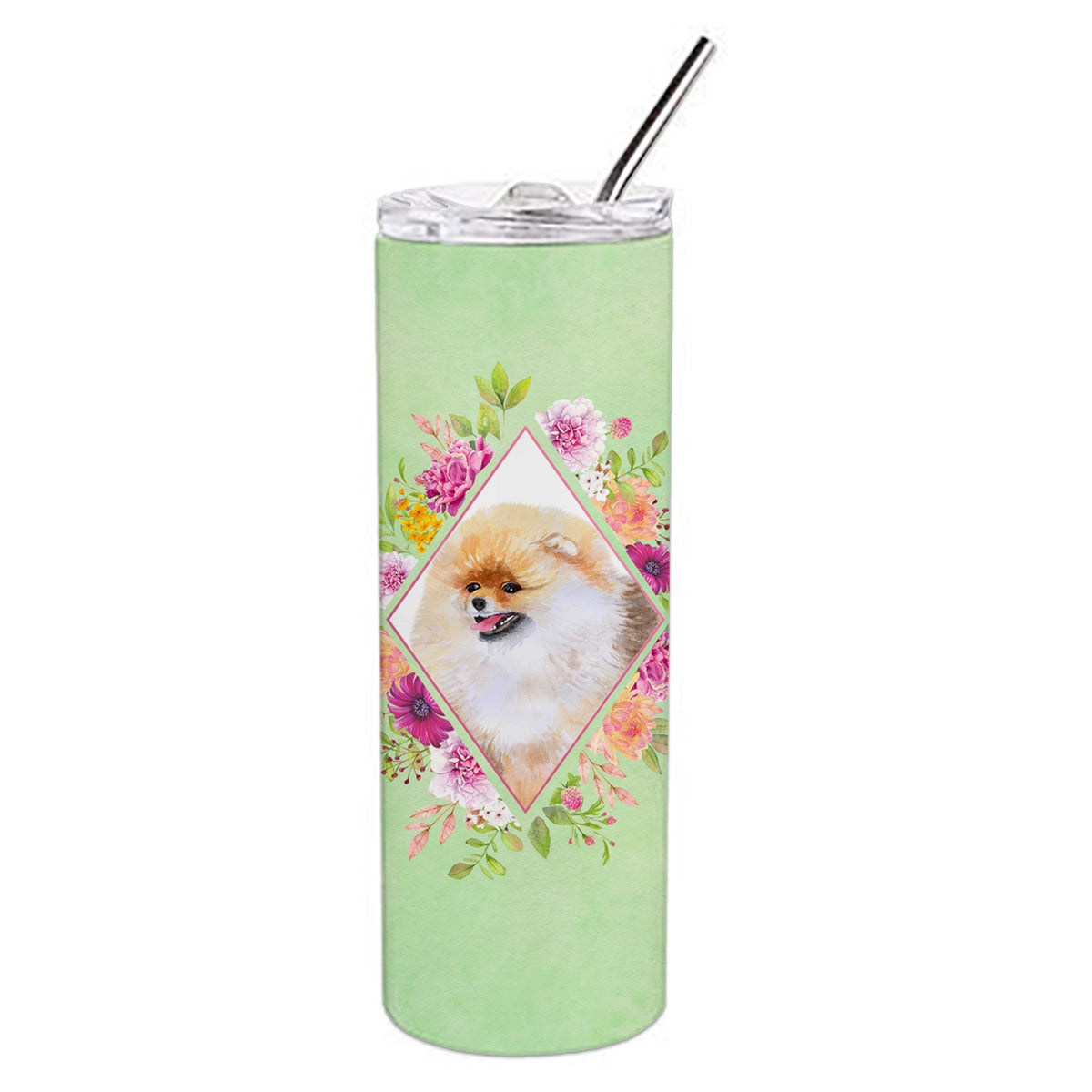 'Caroline'S Treasures Pomeranian #2 Green Flowers Double Walled Stainless Steel 20 Oz Skinny Travel-Insulated-Tumblers, Multico