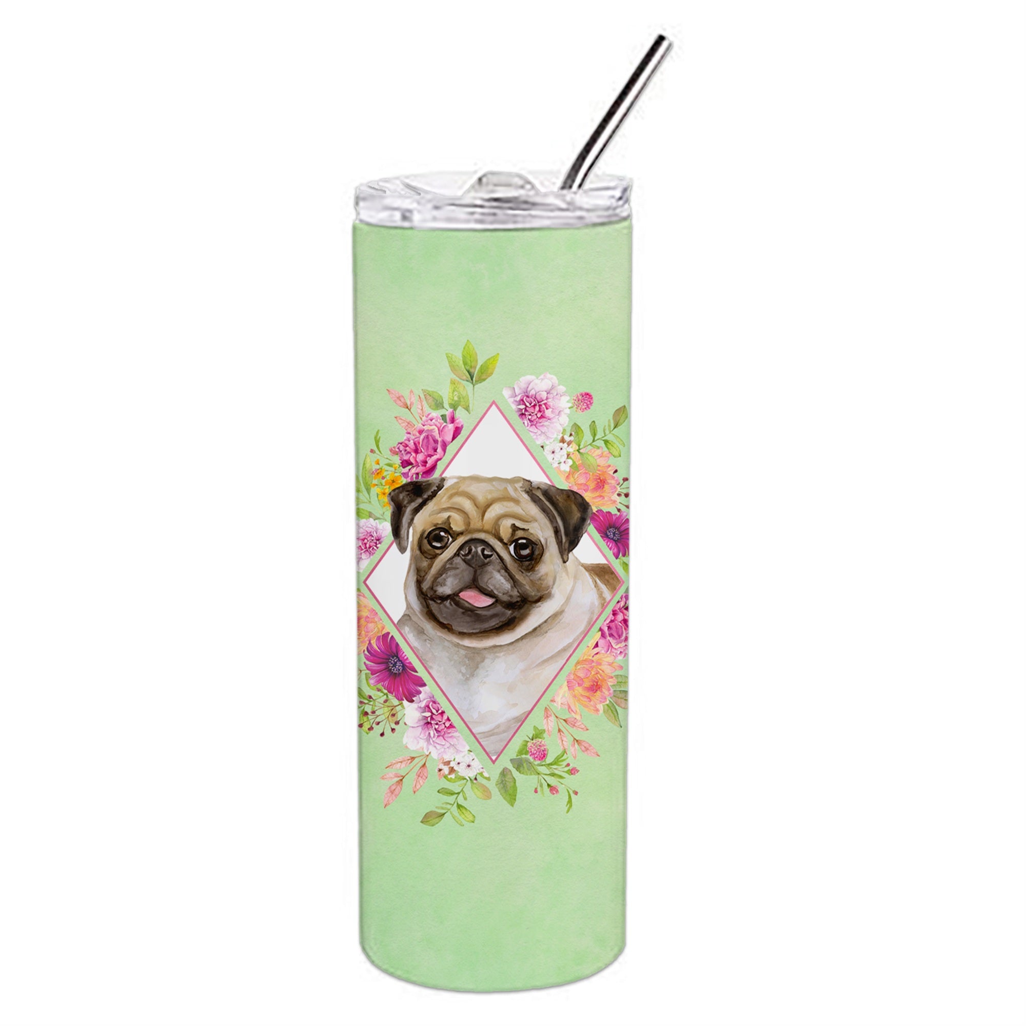 'Caroline'S Treasures Fawn Pug Green Flowers Double Walled Stainless Steel 20 Oz Skinny Travel-Insulated-Tumblers, Multicolor''
