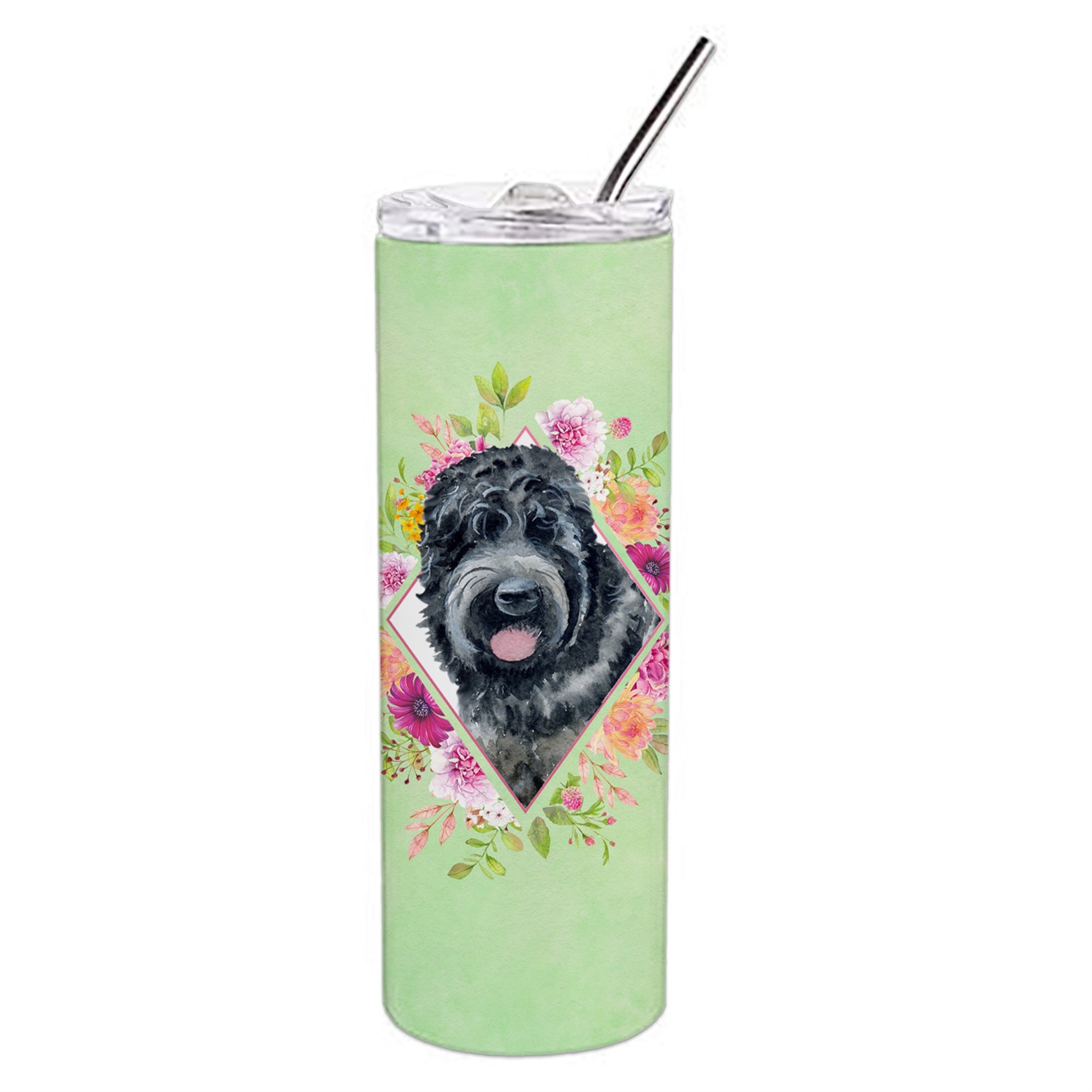 'Caroline'S Treasures Russian Black Terrier Green Flowers Stainless Steel 20 Oz Skinny Travel-Insulated-Tumblers, Multicolor''