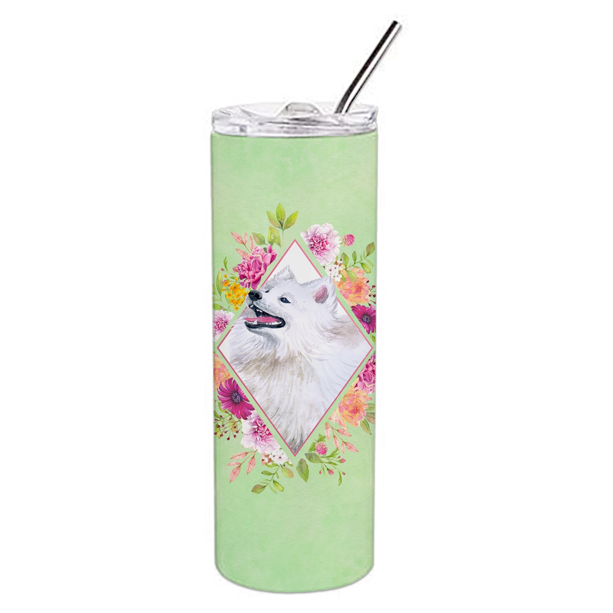 'Caroline'S Treasures Samoyed Green Flowers Double Walled Stainless Steel 20 Oz Skinny Travel-Insulated-Tumblers, Multicolor''